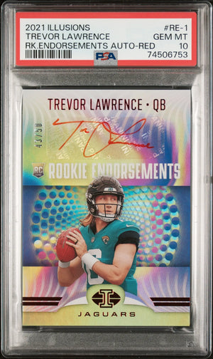 2021 Panini Illusions Rookie Endorsements Auto Trevor Lawrence Red /50 RCPSA 10 