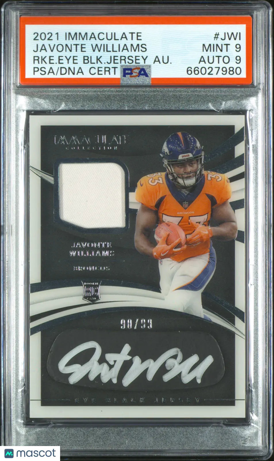 2021 Panini Immaculate Rookie Patch Autograph Javonte Williams RC/93 PSA 9 Auto9 