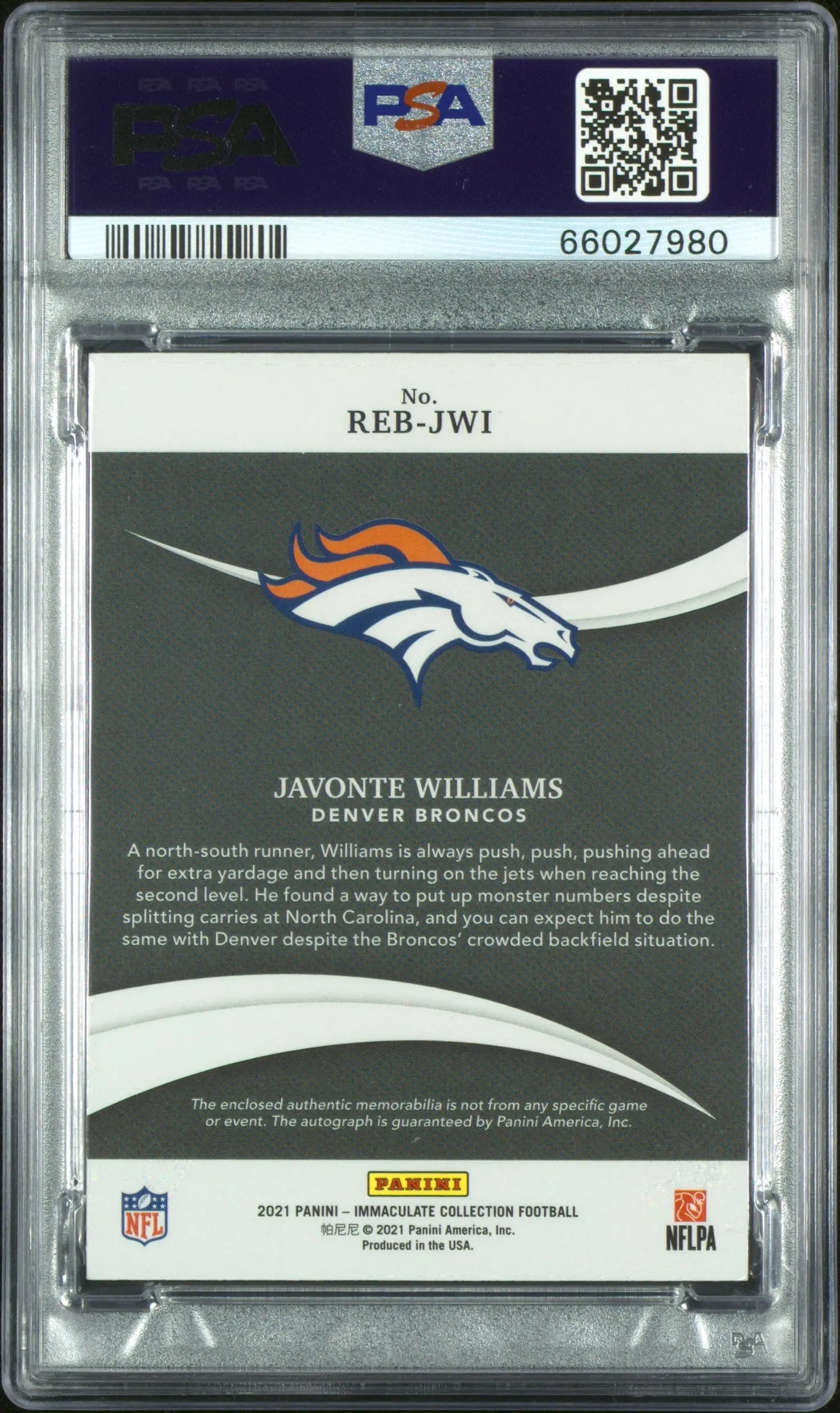 2021 Panini Immaculate Rookie Patch Autograph Javonte Williams RC/93 PSA 9 Auto9 