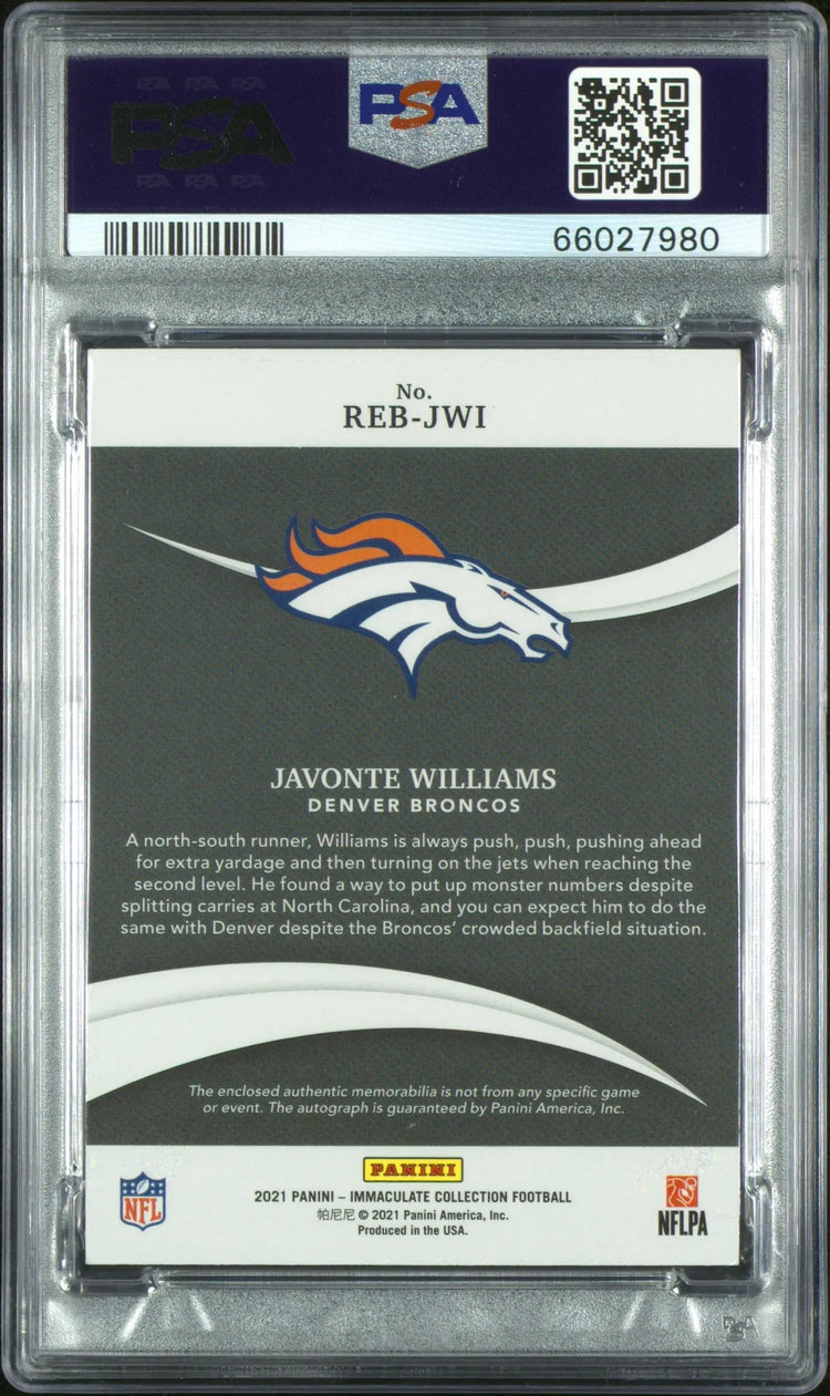 2021 Panini Immaculate Rookie Patch Autograph Javonte Williams RC/93 PSA 9 Auto9 