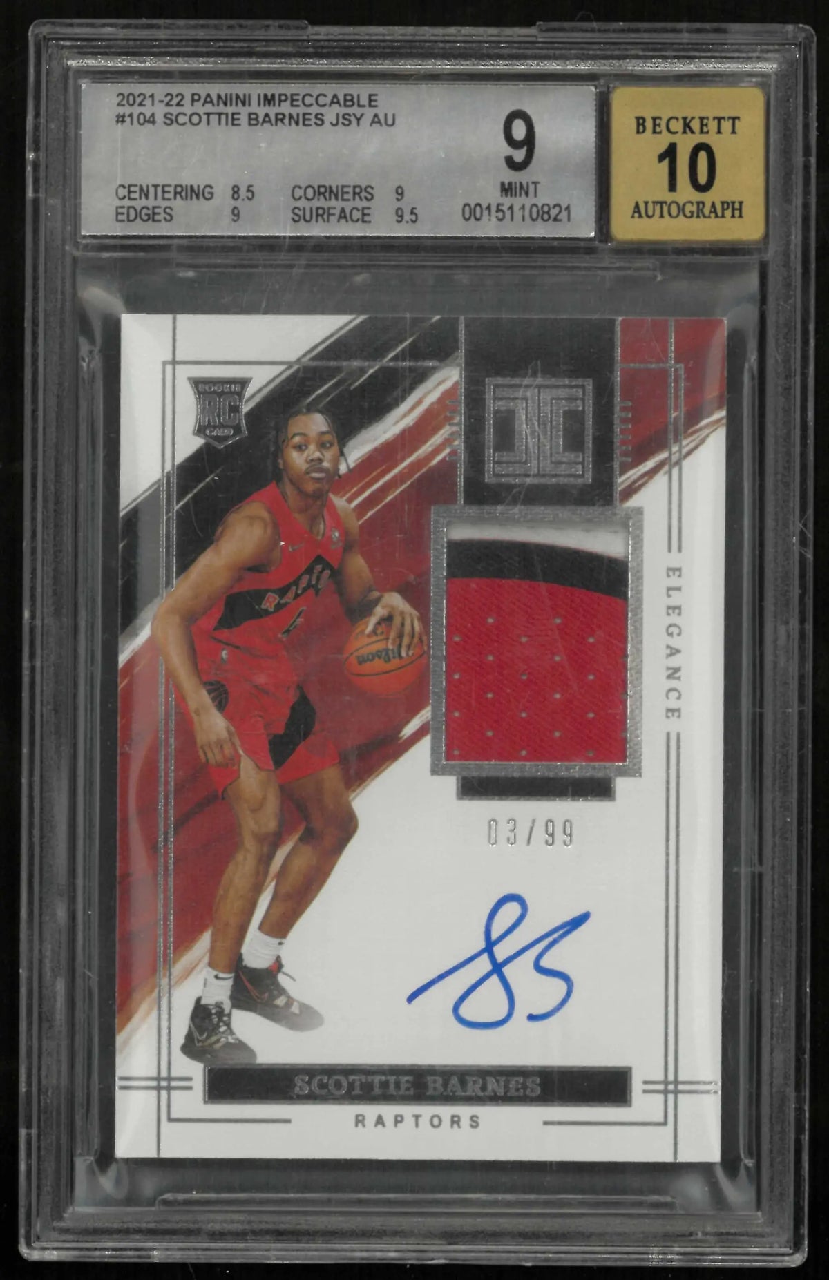 2021 Panini Impeccable Rookie Patch Autograph Scottie Barnes /99 BGS 9 Auto 10 