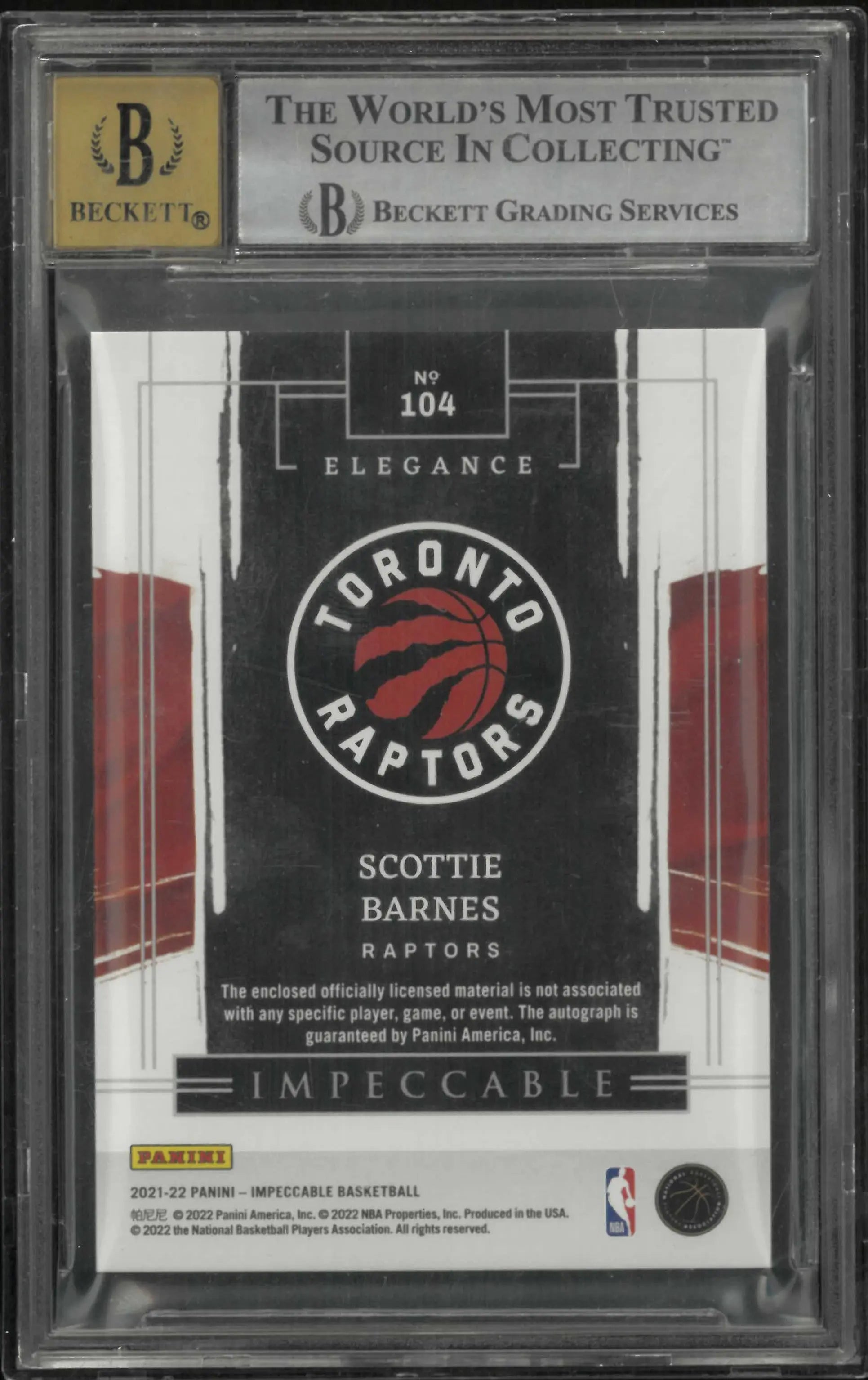 2021 Panini Impeccable Rookie Patch Autograph Scottie Barnes /99 BGS 9 Auto 10 