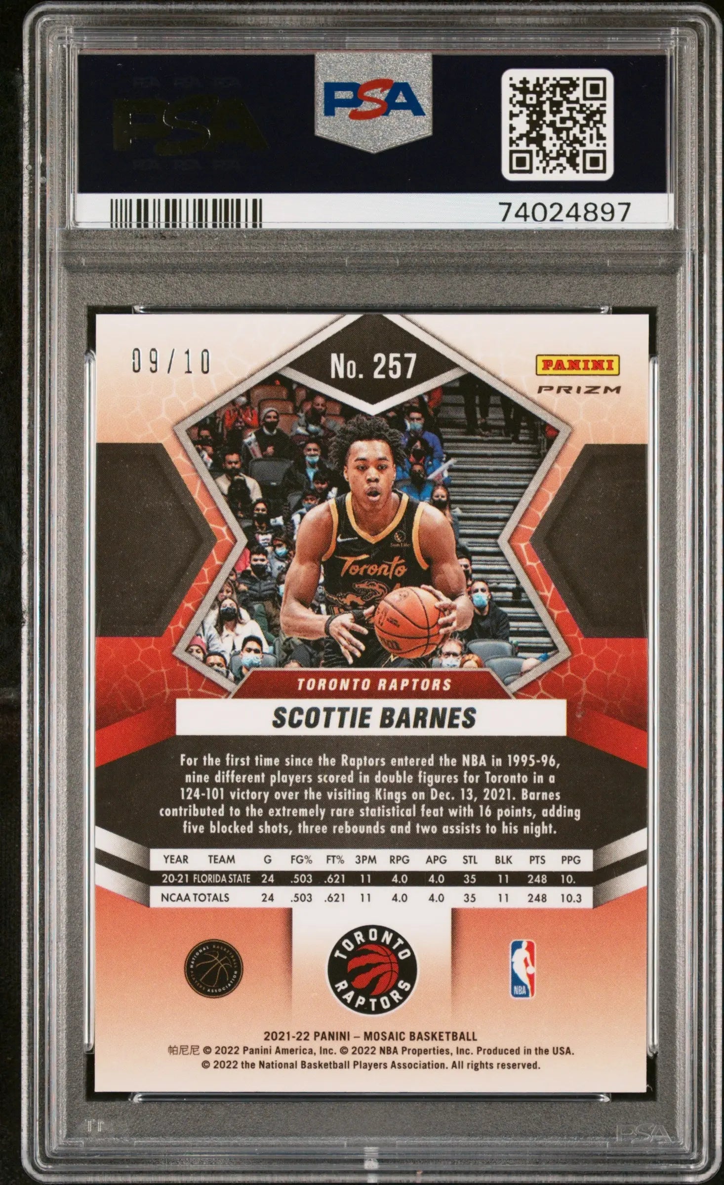 2021 Panini Mosaic Rookie Scottie Barnes Gold /10 RC PSA 9 