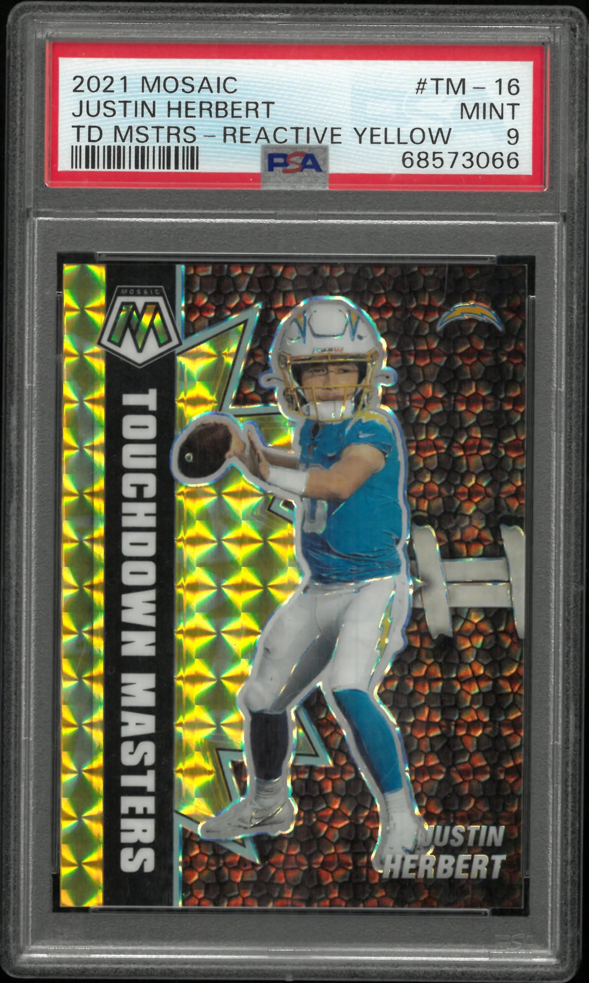 2021 Panini Mosaic Touchdown Masters Justin Herbert  Reactive Yellow /89 PSA 9 