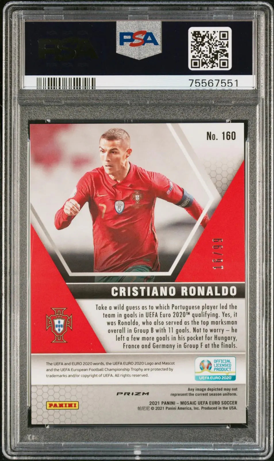 2021 Panini Mosaic UEFA Euro Soccer '20 Cristiano Ronaldo Blue Mosaic /99 PSA 10 