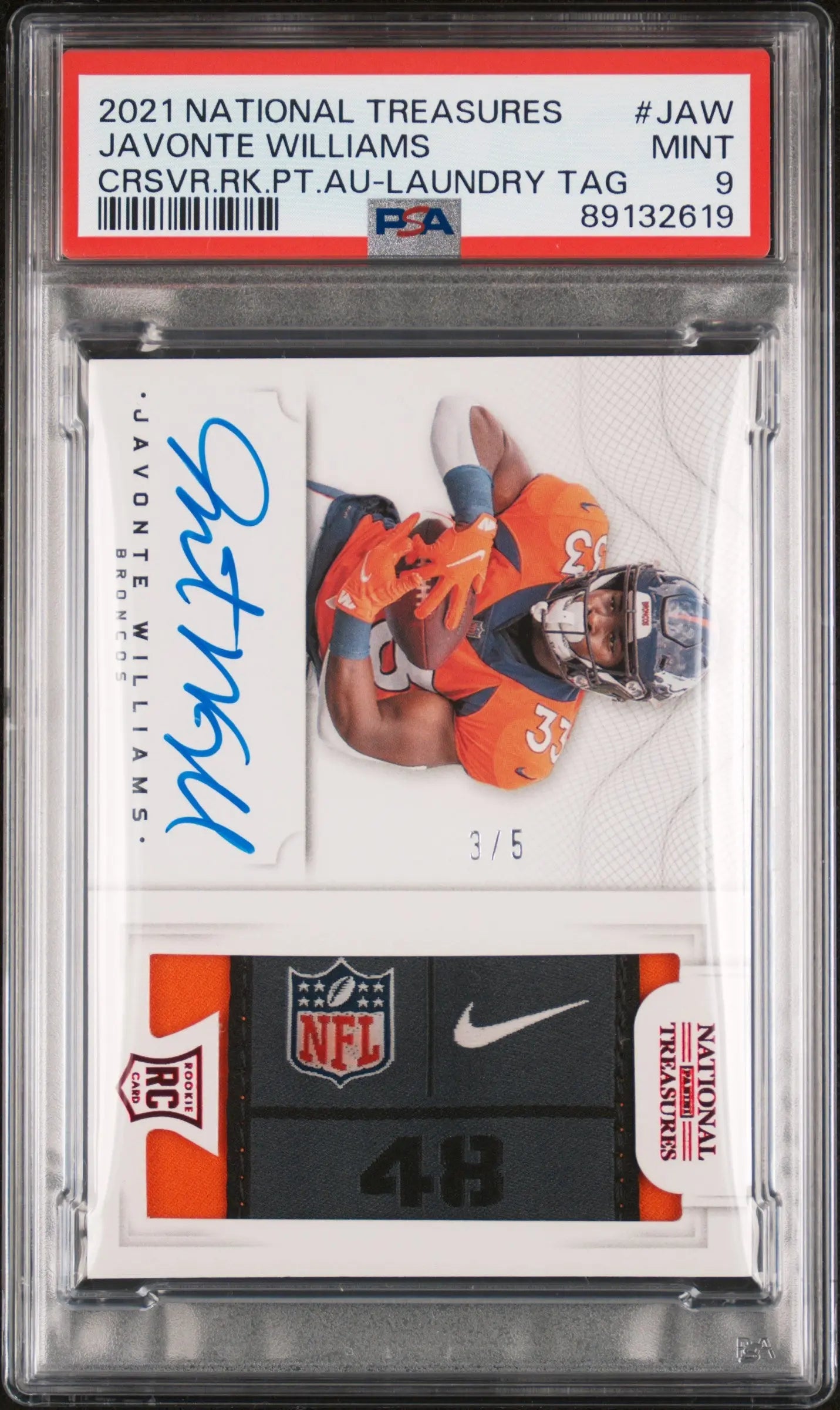2021 Panini National T Crossover Rookie Patch Autograph Javonte Williams/5 PSA 9 
