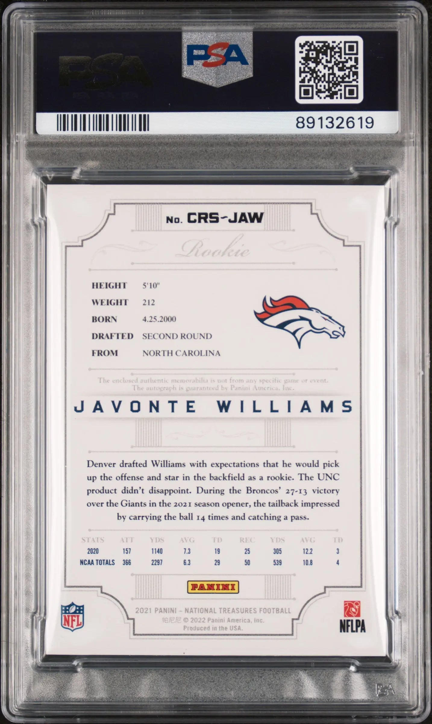 2021 Panini National T Crossover Rookie Patch Autograph Javonte Williams/5 PSA 9 