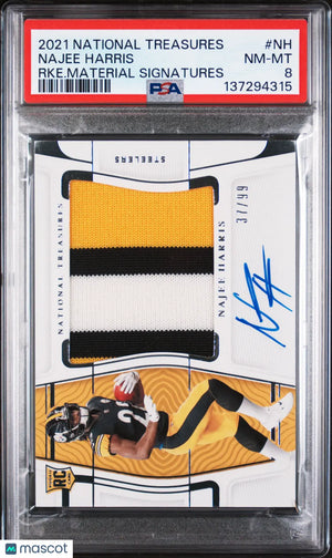2021 Panini National Treasures Rookie Material Patch Auto Najee Harris /99 PSA 8 