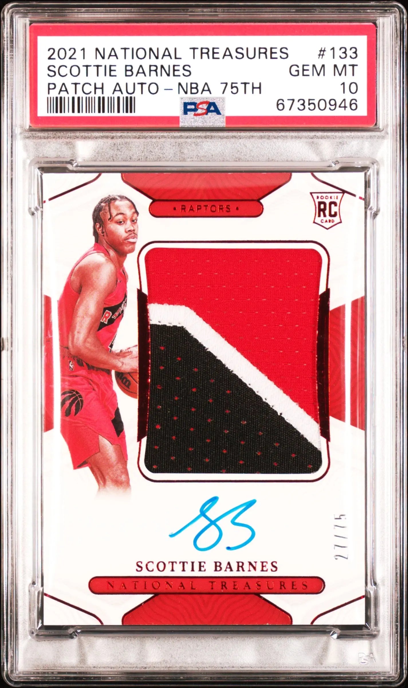 2021 Panini National Treasures #133 Scottie Barnes Rookie Patch Auto /75 PSA 10 