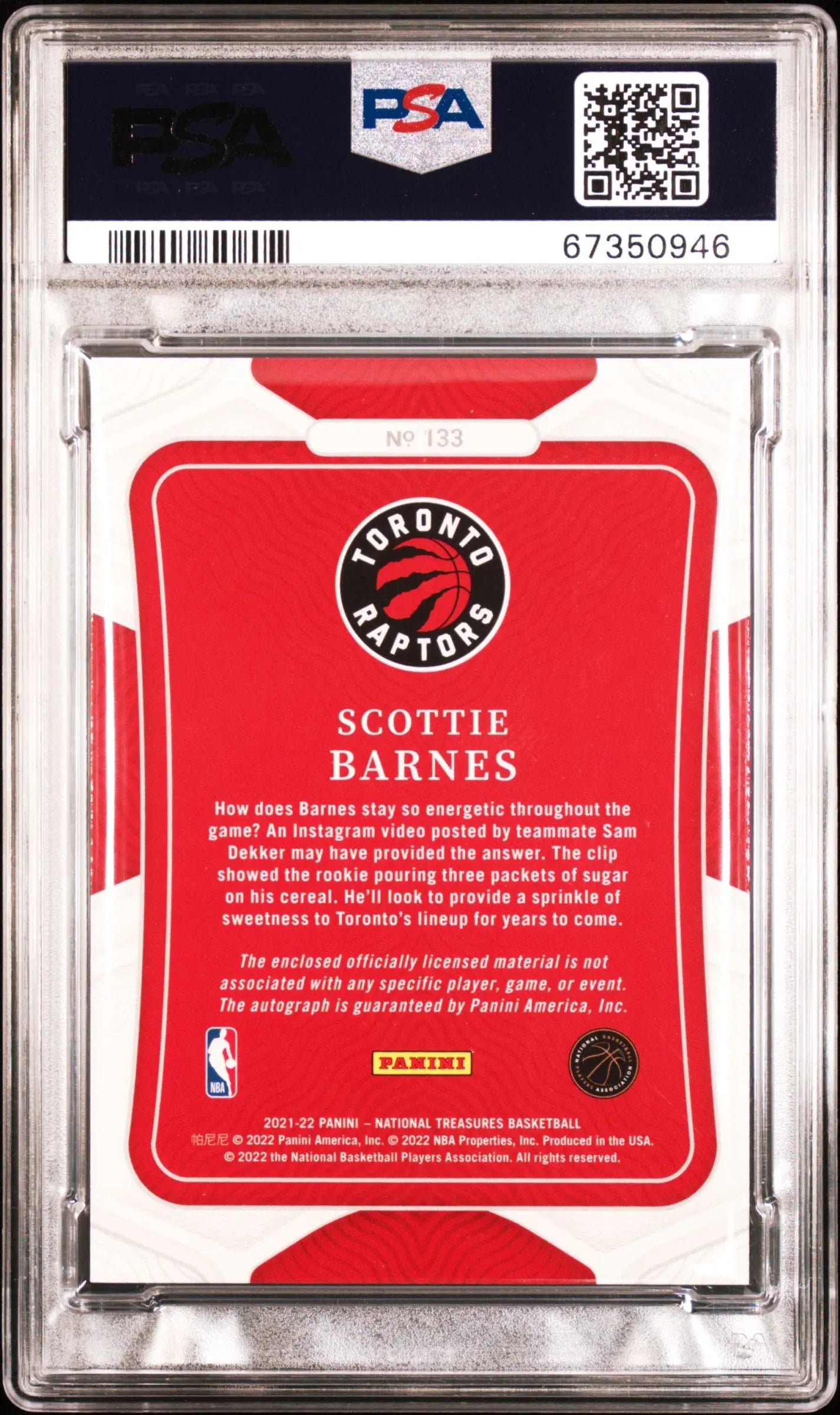 2021 Panini National Treasures #133 Scottie Barnes Rookie Patch Auto /75 PSA 10 