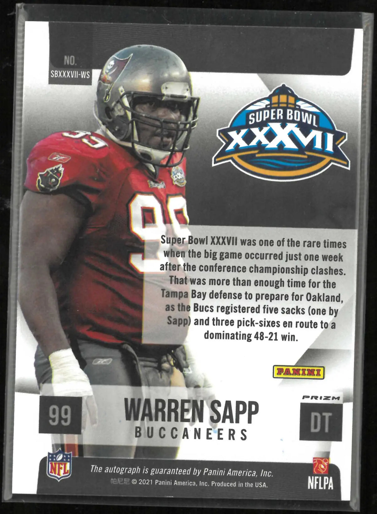 2021 Panini Obsidian Autograph Warren Sapp Auto 