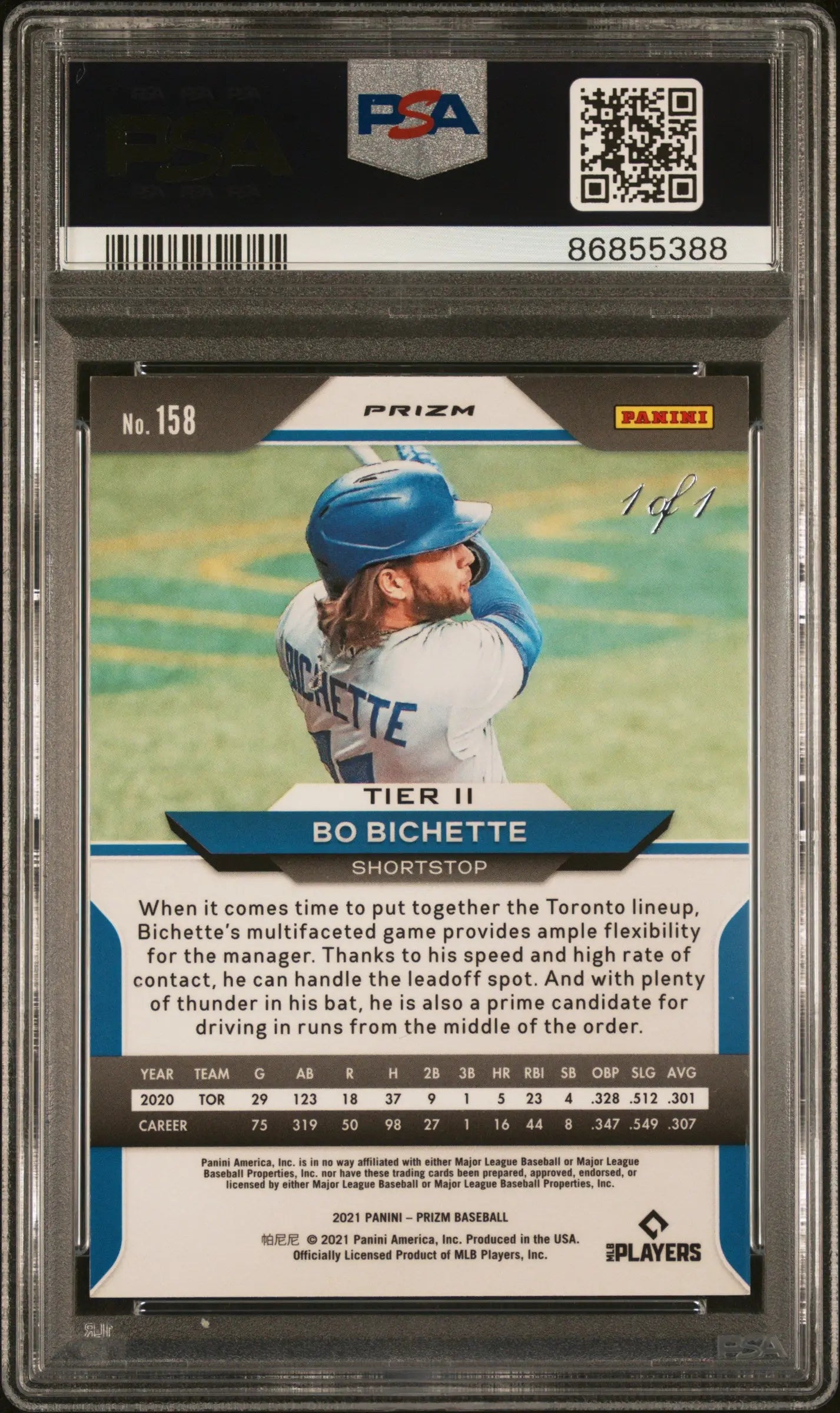 2021 Panini Prizm Baseball Bo Bichette Gold Vinyl 1/1 PSA 9 