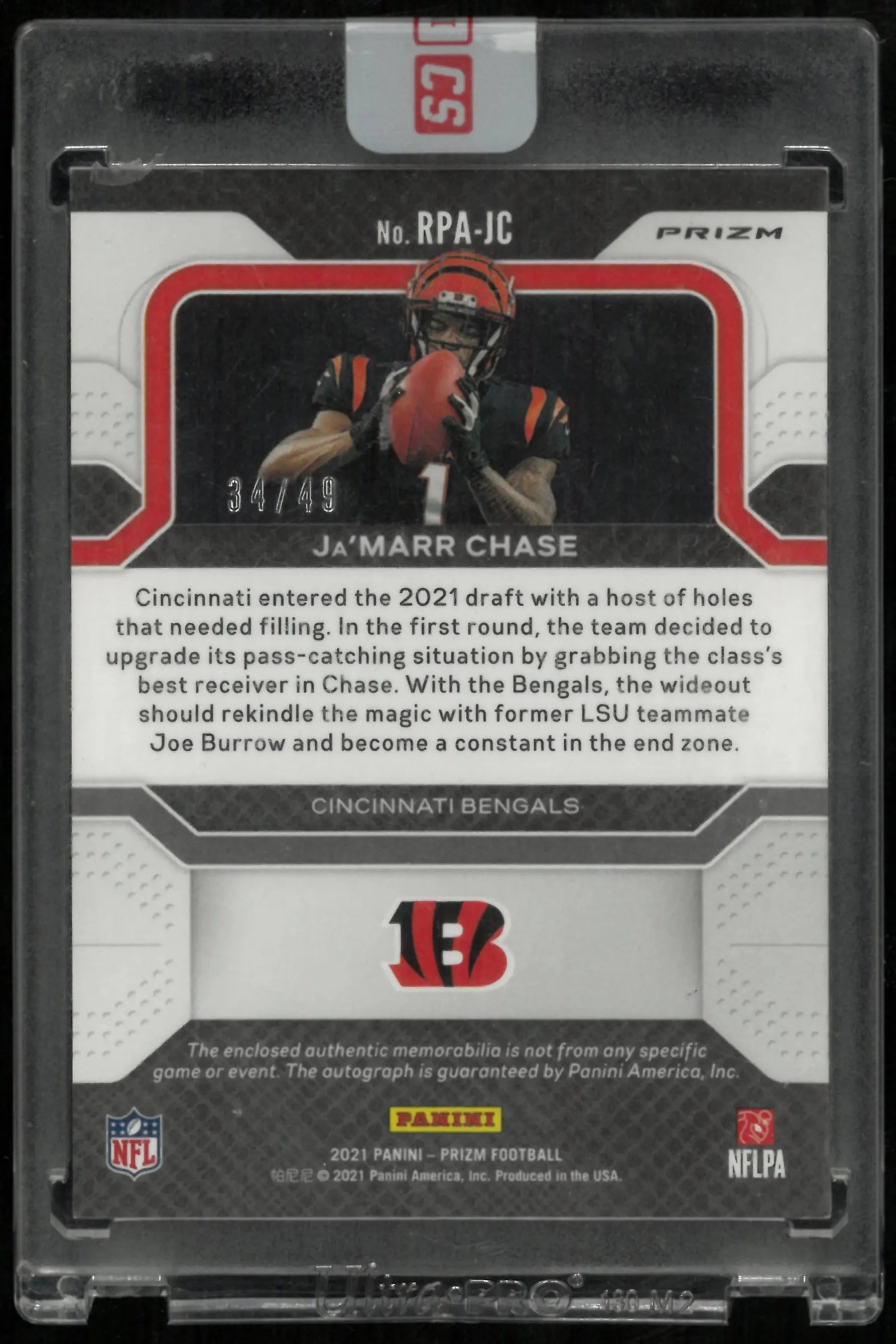 2021 Panini Prizm Football Purple Power Rookie Patch Auto Ja'Marr Chase /49 