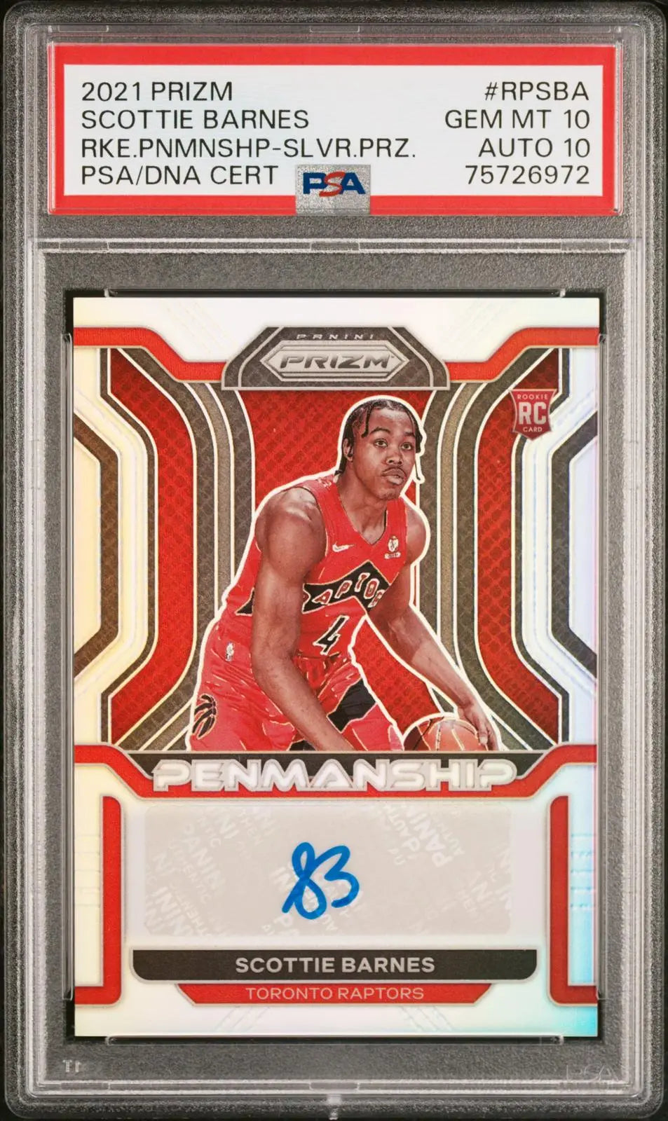 2021 Panini Prizm Rookie Autograph Penmanship Scottie Barnes Silver Prizm PSA 10 
