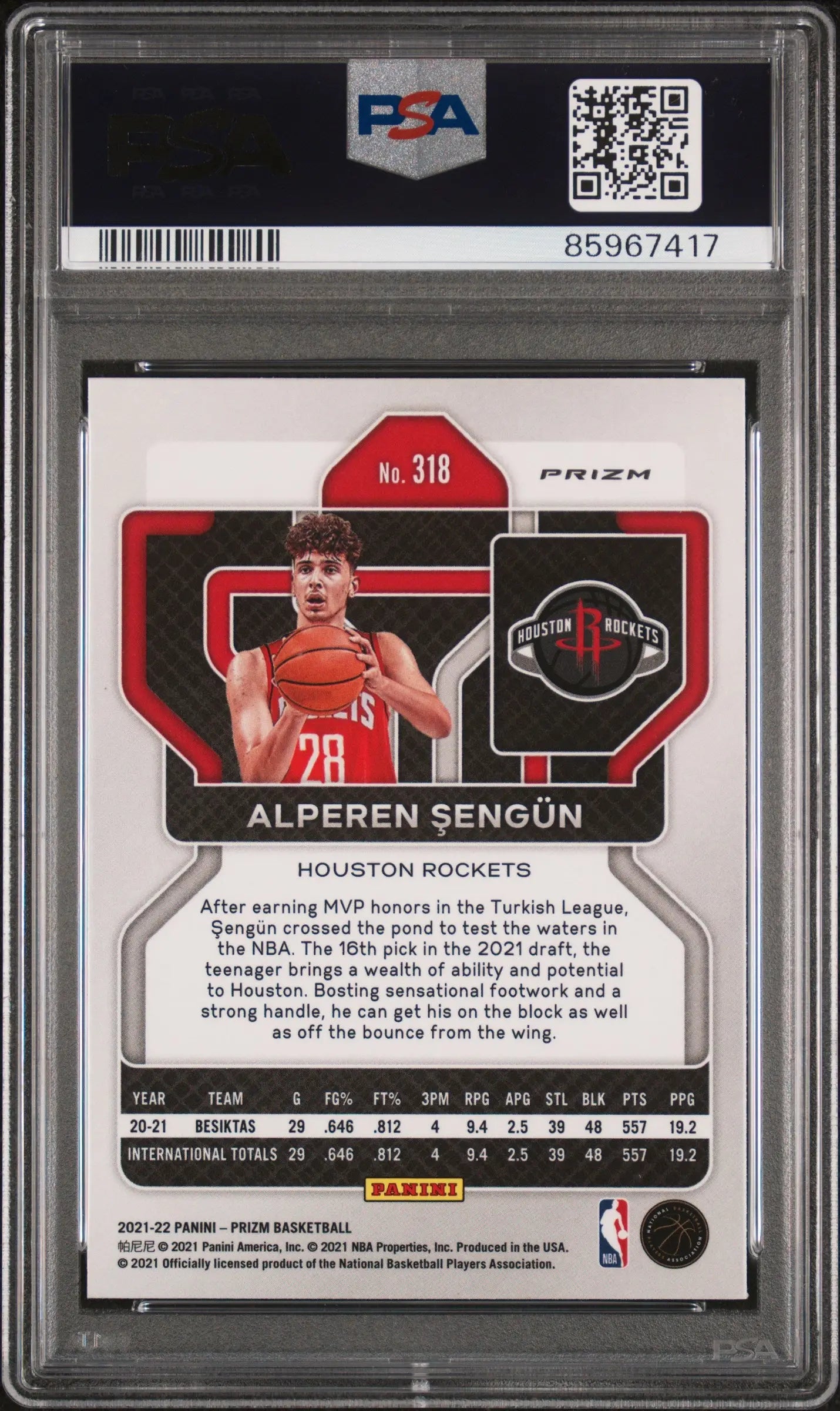 2021 Panini Prizm Silver Prizm Rookie Alperen Sengun #318 PSA 9 