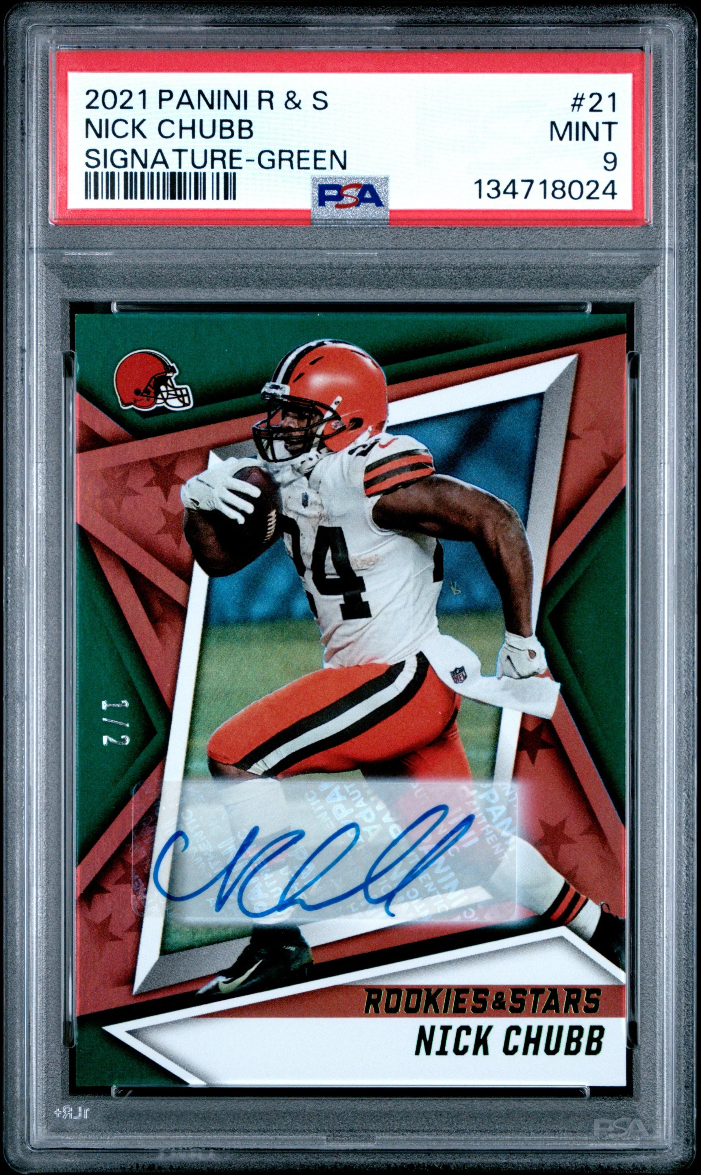 2021 Panini Rookies & Stars Autograph Nick Chubb Auto Green /2 RC PSA 9 