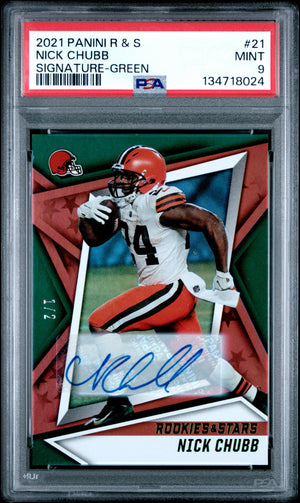 2021 Panini Rookies & Stars Autograph Nick Chubb Auto Green /2 RC PSA 9 