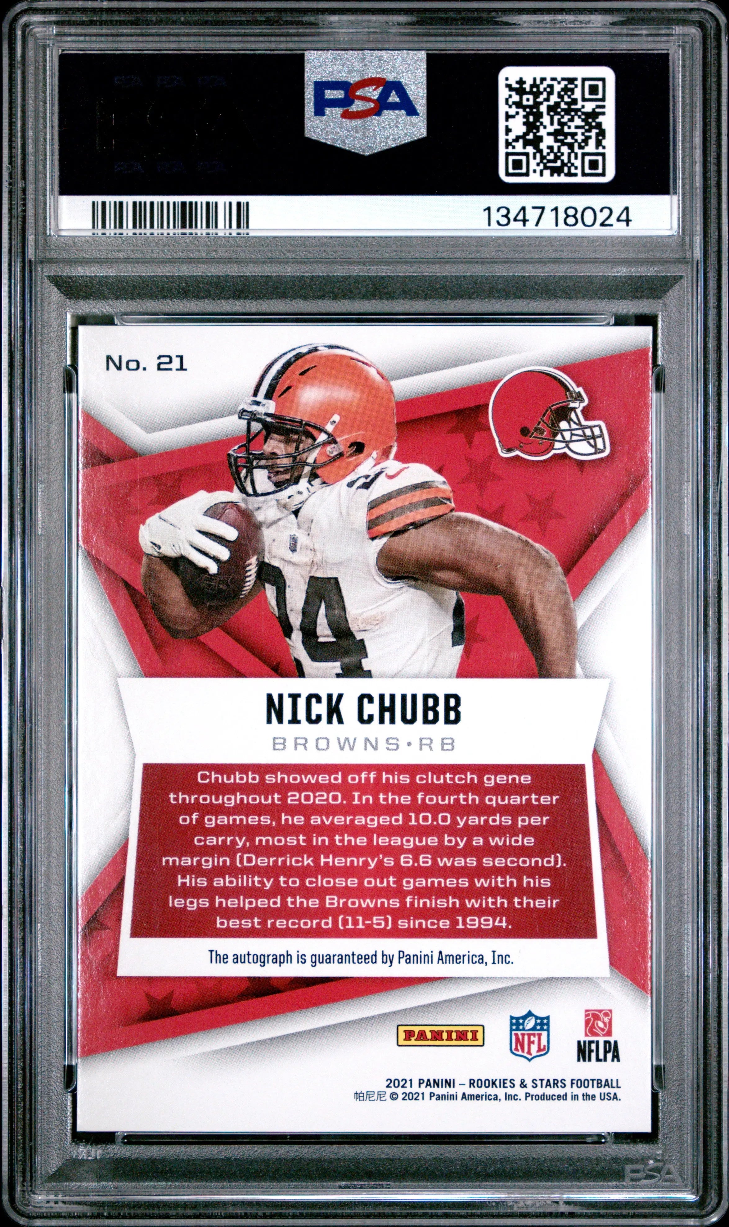 2021 Panini Rookies & Stars Autograph Nick Chubb Auto Green /2 RC PSA 9 