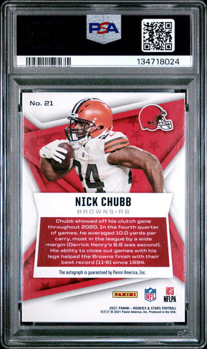2021 Panini Rookies & Stars Autograph Nick Chubb Auto Green /2 RC PSA 9 