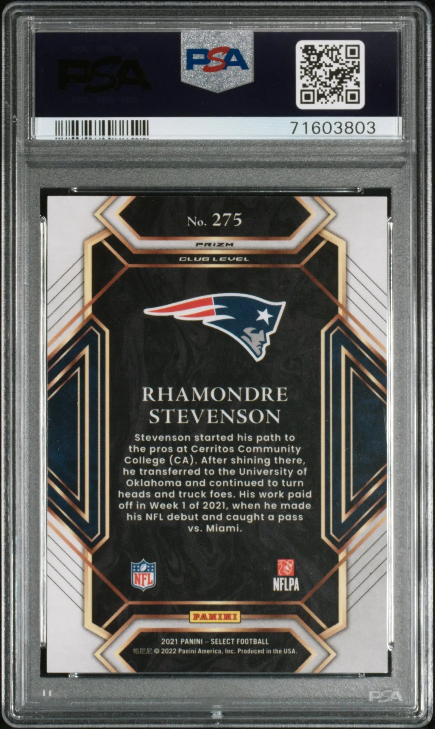 2021 Panini Select Rhamondre Stevenson #275 Zebra Prizm PSA 9 