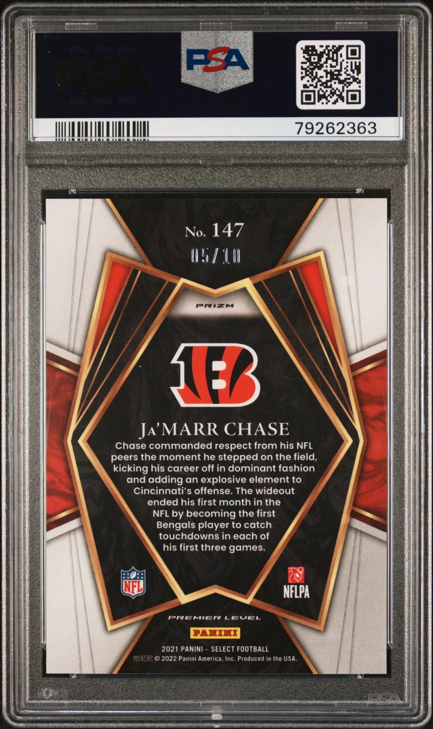 2021 Panini Select Rookie Ja'Marr Chase Gold Prizm /10 RC PSA 10 