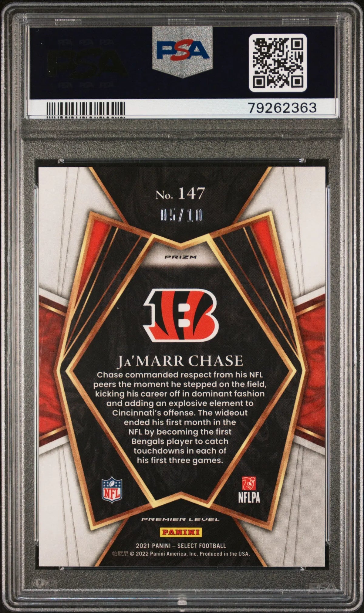 2021 Panini Select Rookie Ja'Marr Chase Gold Prizm /10 RC PSA 10 