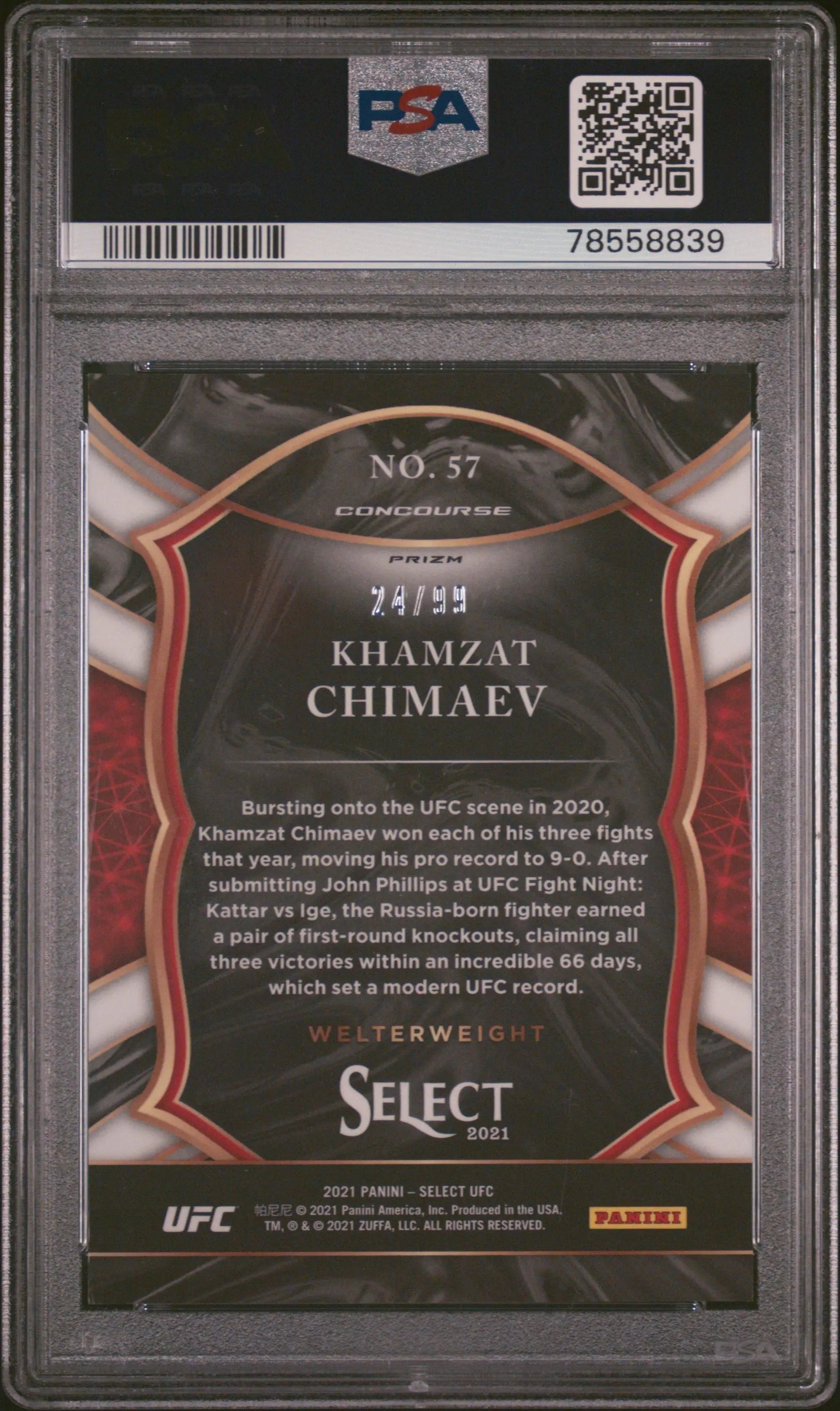 2021 Panini Select UFC Khamzat Chimaev RC #57 Blue Disco Prizm PSA 10 /99 