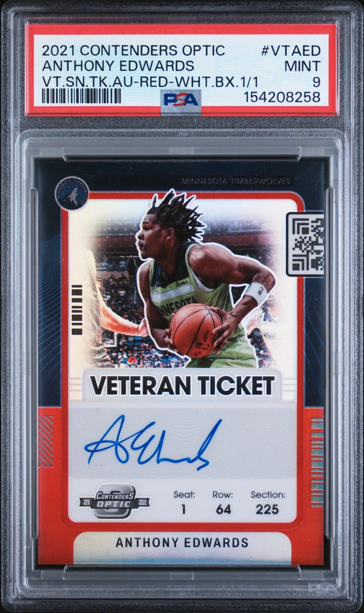 2021 Panini Veteran Season Ticket Autograph Anthony Edwards Auto /1 PSA 9 