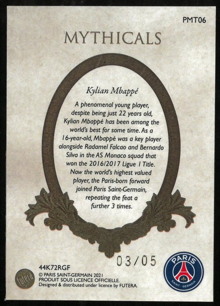 2021 Paris Saint-Germain Futera Football Kylian Mbappe Gold Frame Mythicals /5 