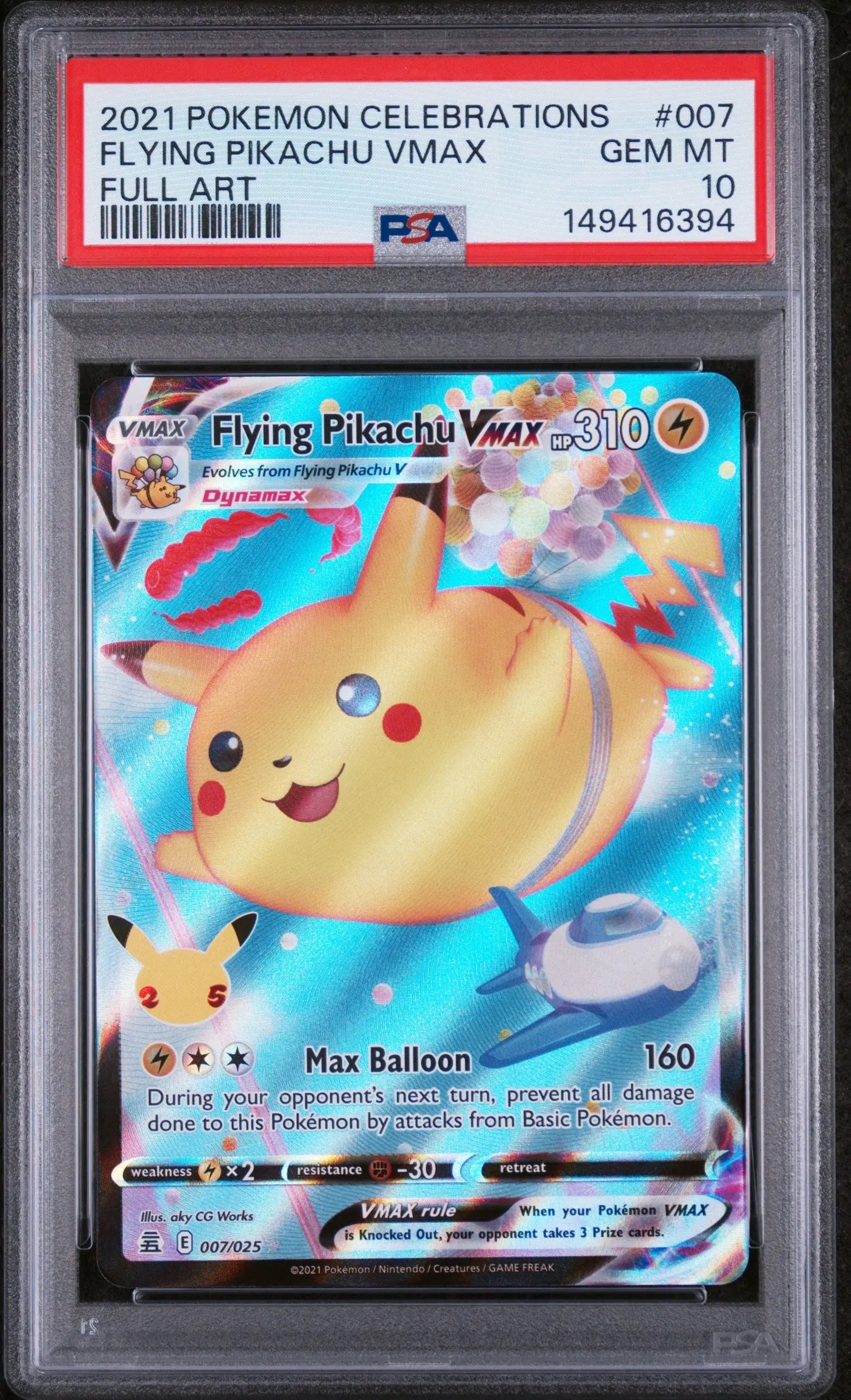 2021 Pokemon Celebrations Flying Pikachu VMAX 7/25 PSA 10 