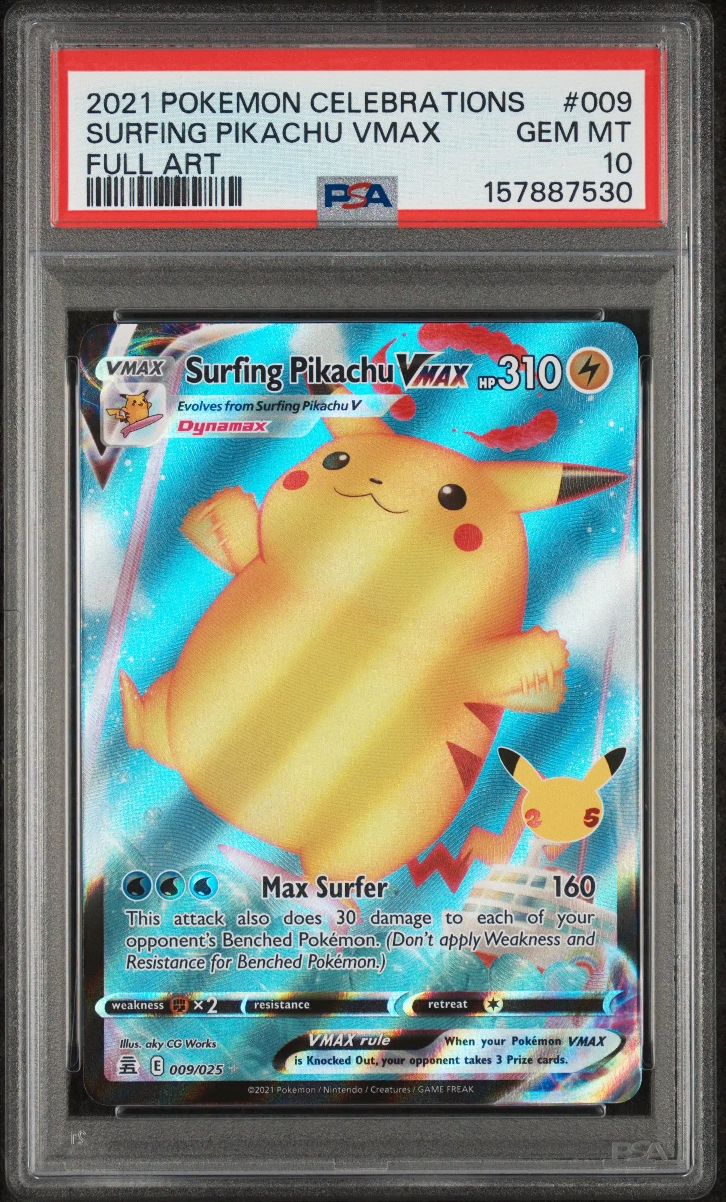 2021 Pokemon Celebrations Surfing Pikachu Vmax Full Art 009/025 PSA 10 