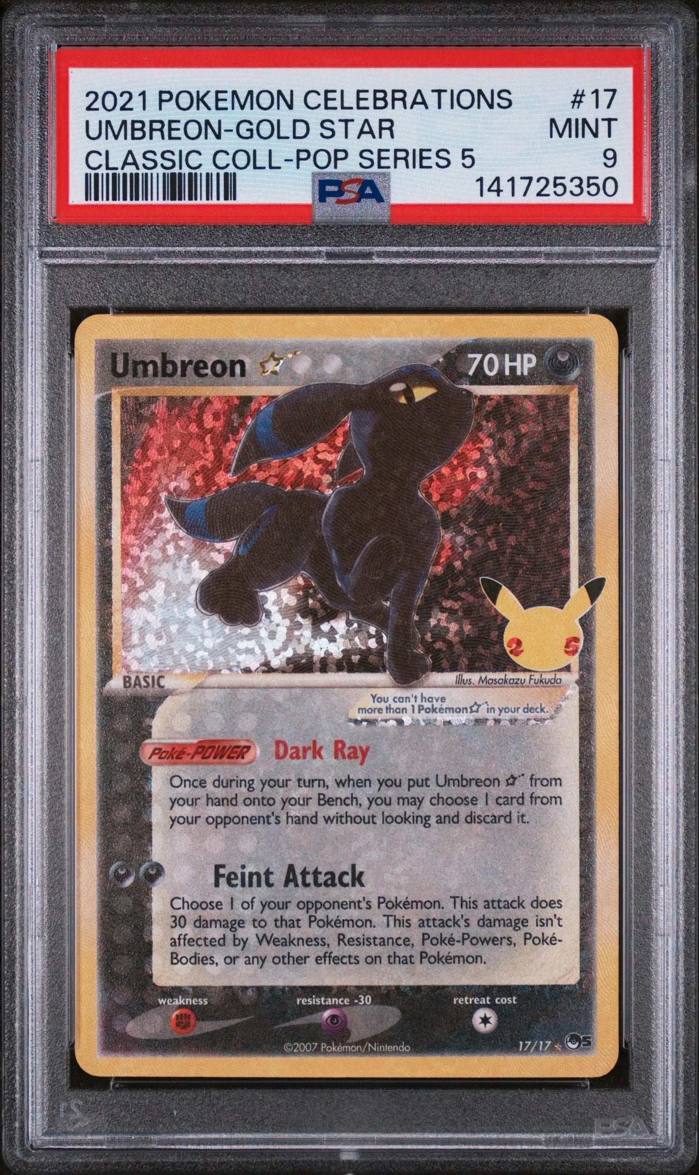 2021 Pokemon Celebrations Umbreon-Gold Star Pop Series 5 17/17 PSA 9 