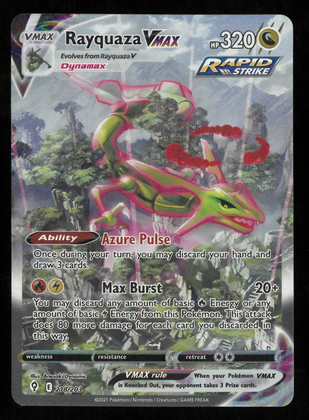 2021 Pokemon SWSH07: Evolving Skies Rayquaza VMAX Alt Art Secret Rare 218/203 