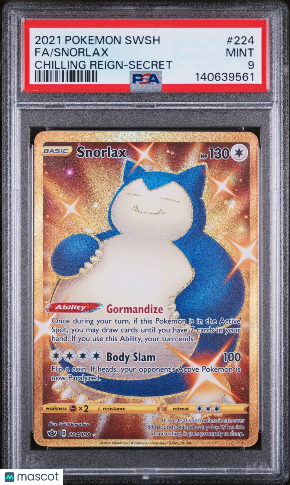 2021 Pokemon Sword & Shield Chilling Reign Snorlax Secret Fa PSA 9 224/198 