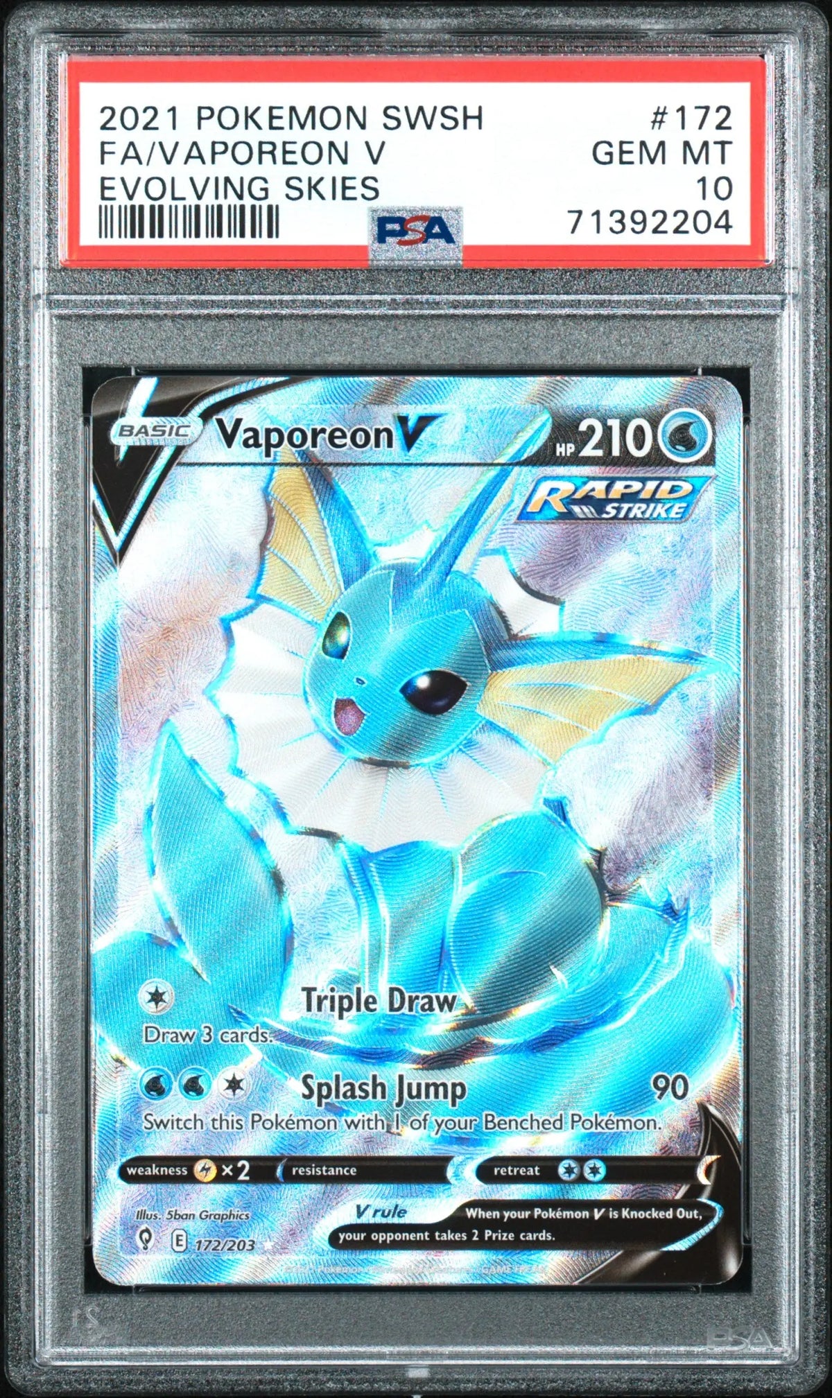 2021 Pokemon Sword & Shield Evolving Skies 172/203 Vaporeon V PSA 10 