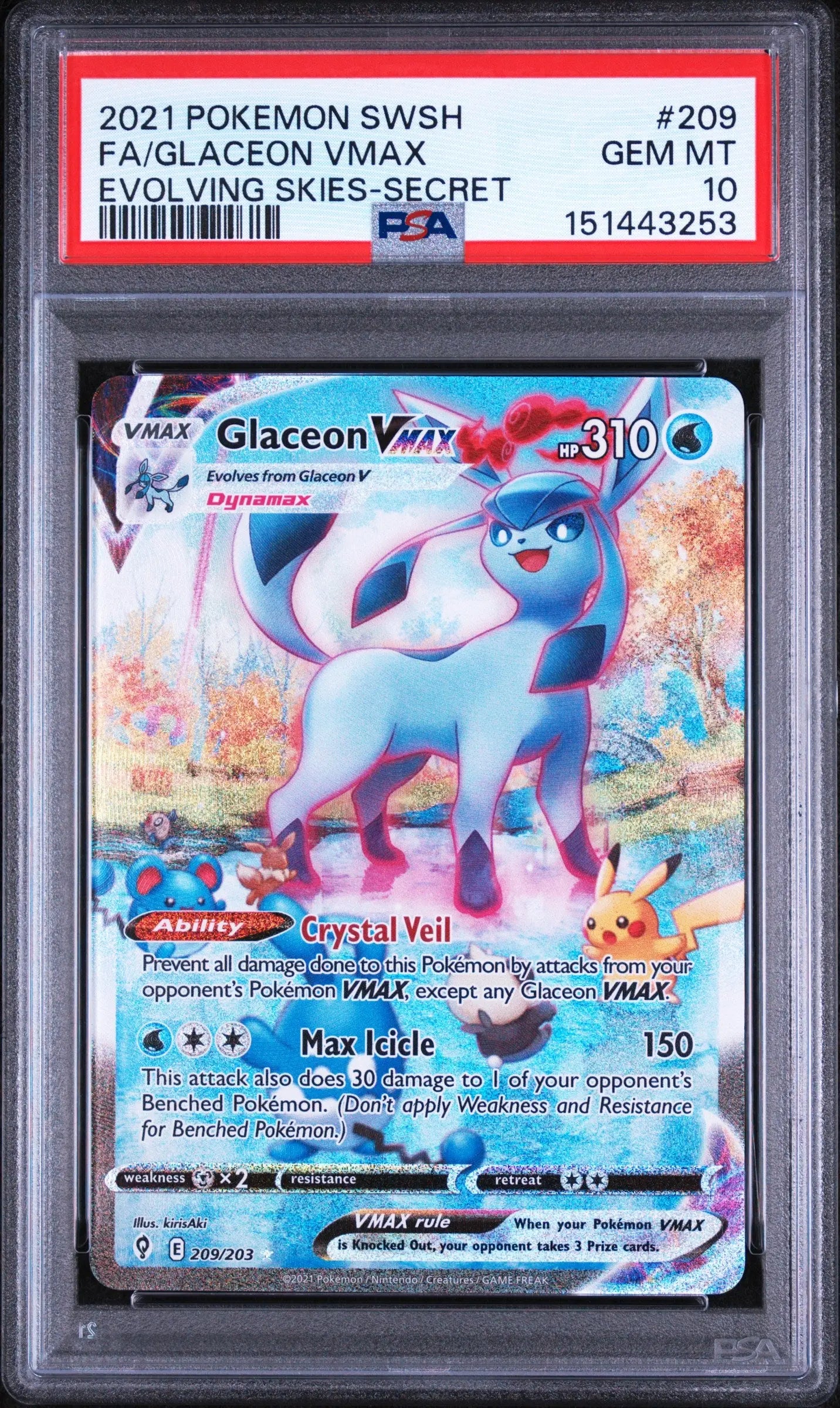2021 Pokemon Sword & Shield Evolving Skies Glaceon VMAX Secret 209/203 PSA 10 