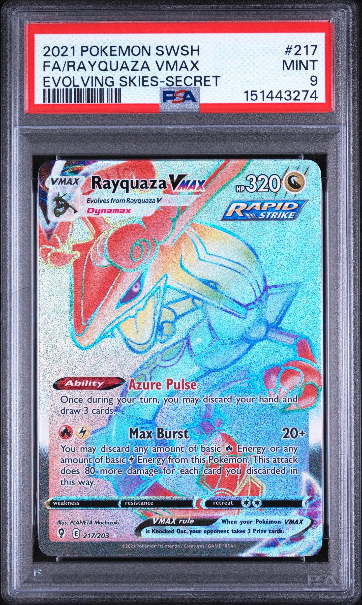 2021 Pokemon Sword & Shield Evolving Skies Rayquaza VMAX Secret 217/203 PSA 9 