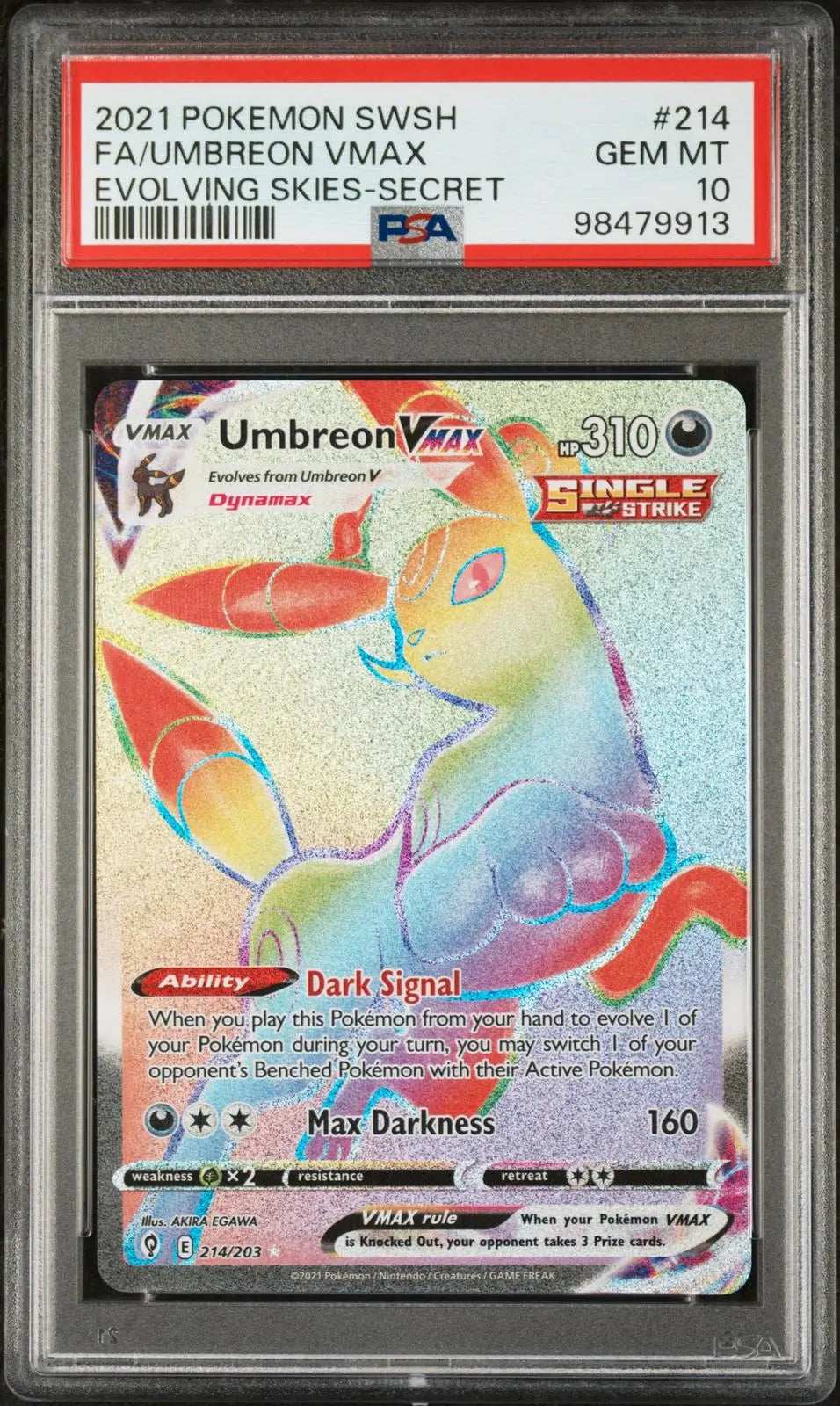 2021 Pokemon Sword & Shield Evolving Skies Umbreon Vmax Secret 214/203 PSA 10 