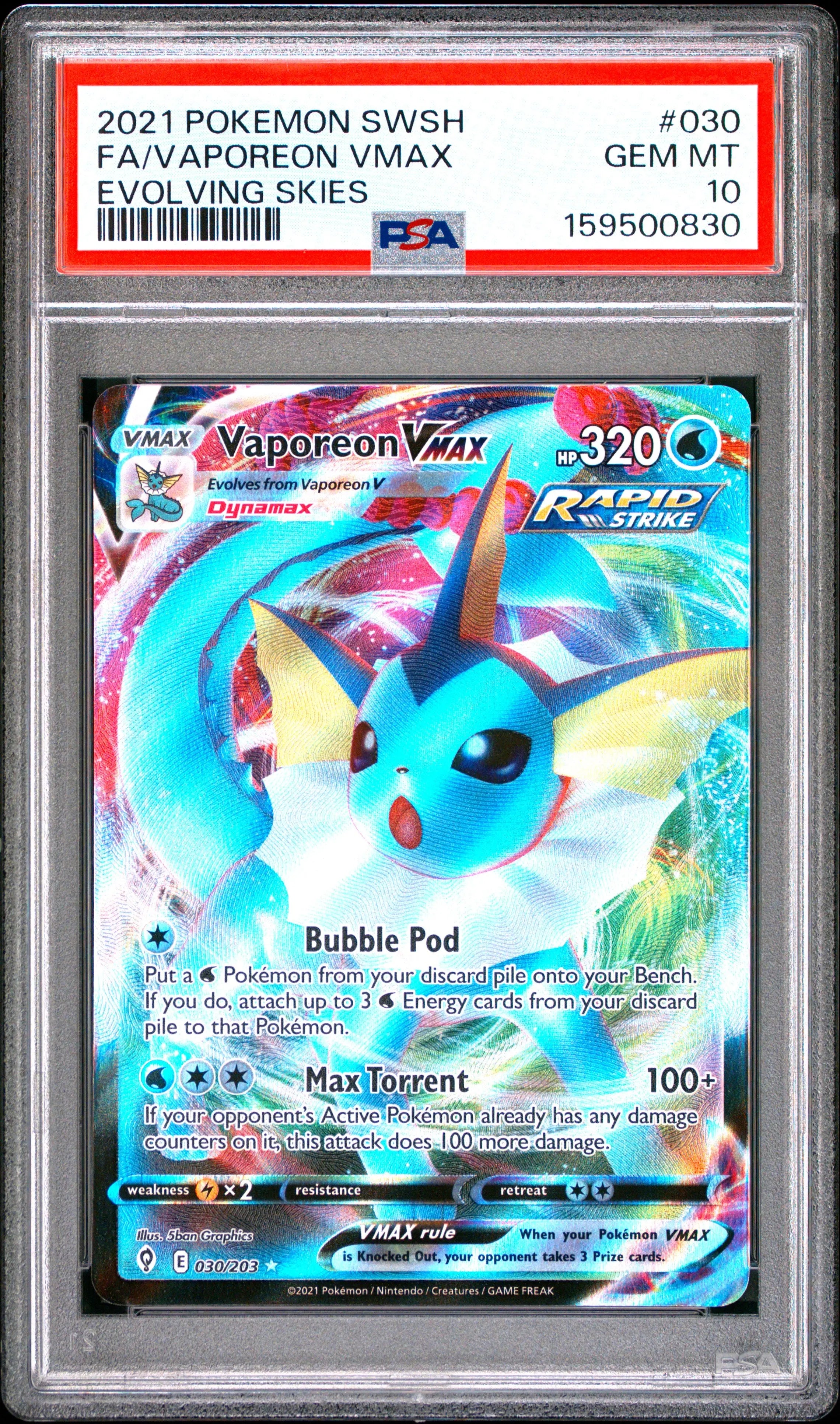 2021 Pokemon Sword & Shield Evolving Skies Vaporeon VMAX 030/203 PSA 10 