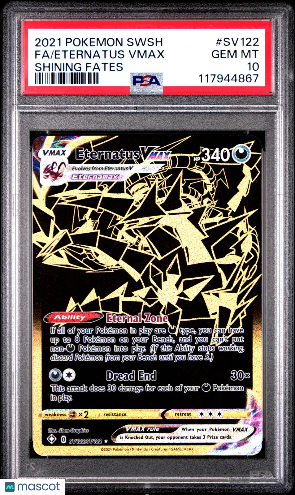 2021 Pokemon Sword & Shield Shining Fates Eternatus VMAX Fa PSA 10 #SV122 
