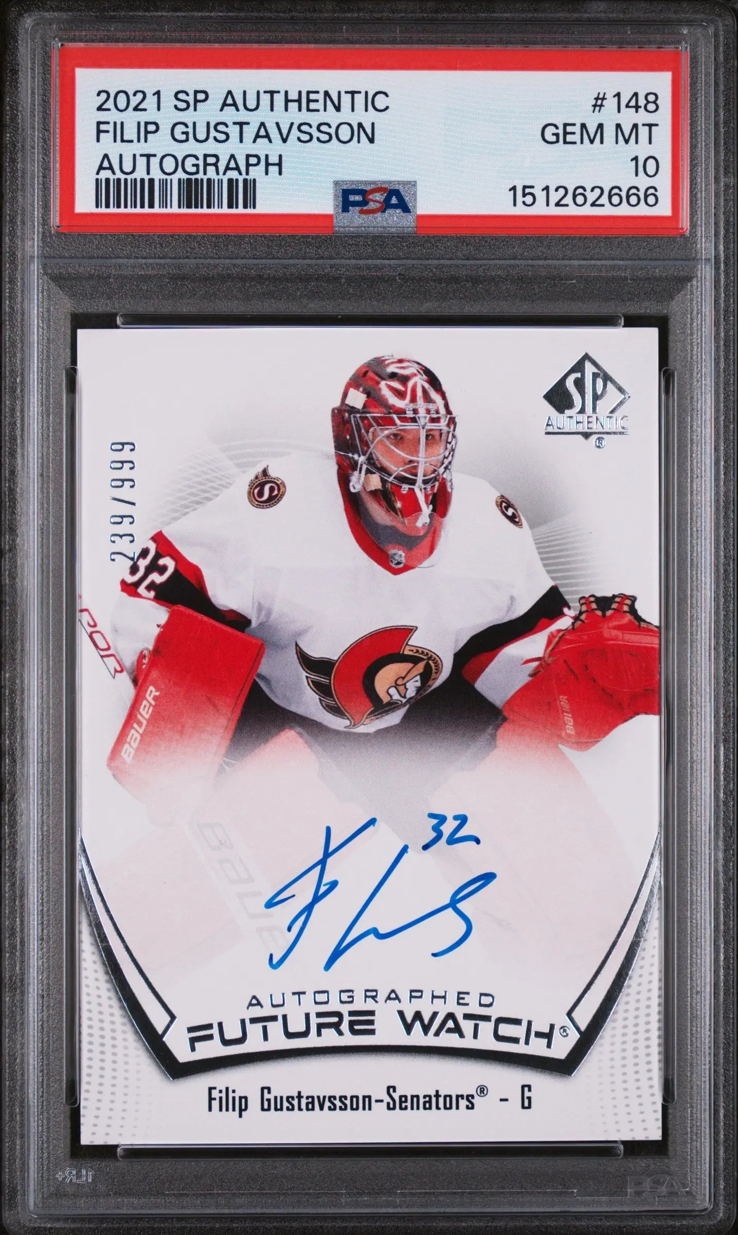 2021 SP Authentic Filip Gustavsson #148 Autograph 239/999 PSA 10 
