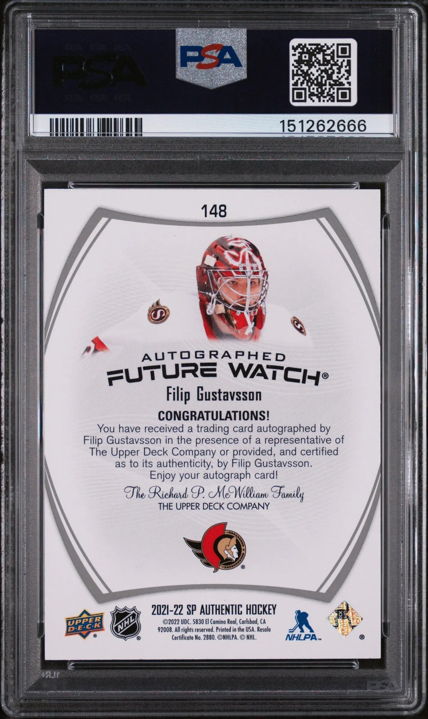 2021 SP Authentic Filip Gustavsson #148 Autograph 239/999 PSA 10 