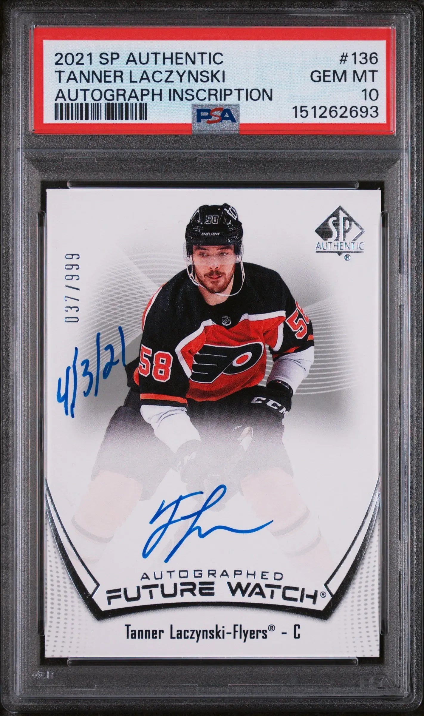 2021 SP Authentic Tanner Laczynski #136 Autograph Inscription 037/999 PSA 10 