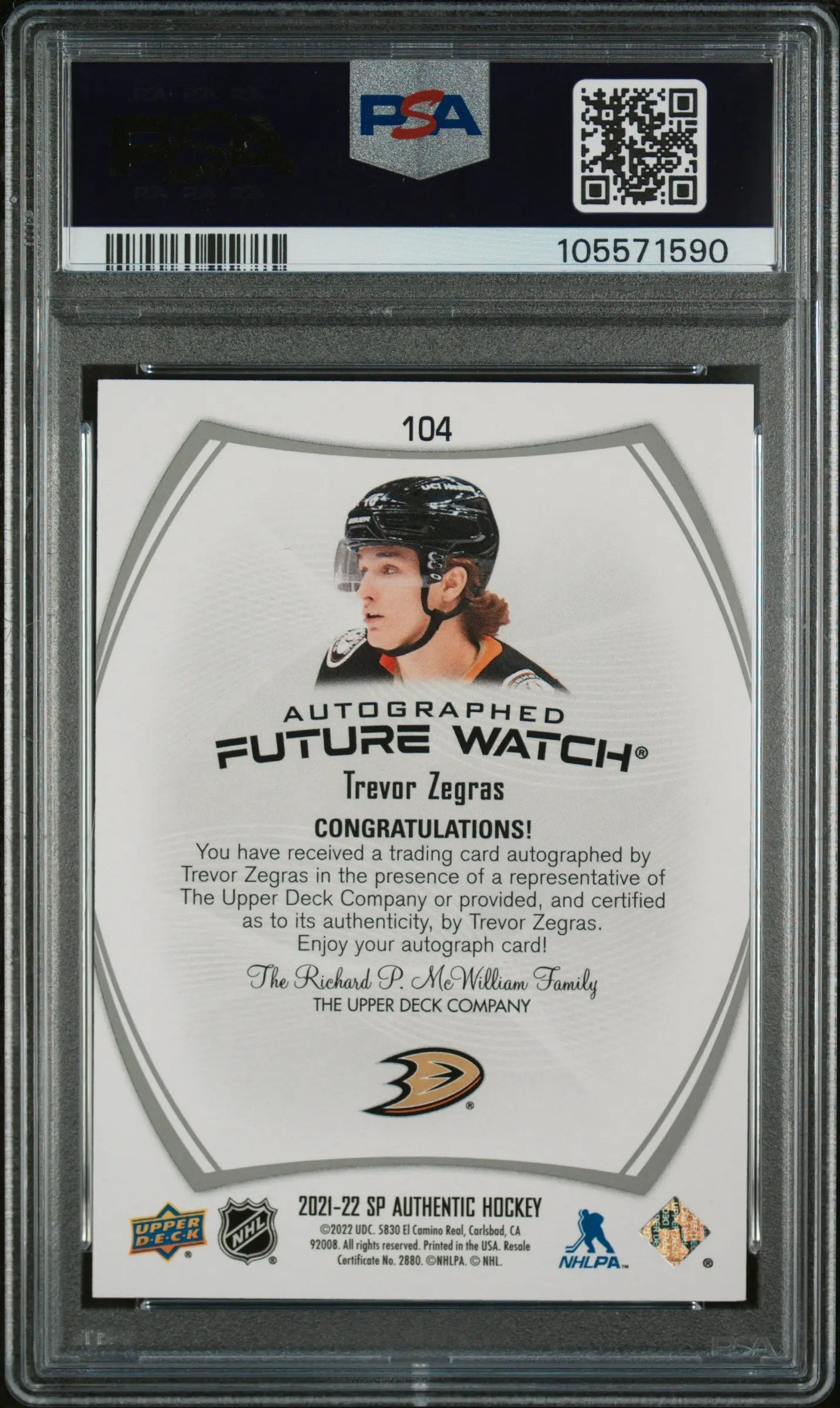 2021 SP Authentic Trevor Zegras #104 Autograph 831/999 PSA 10 