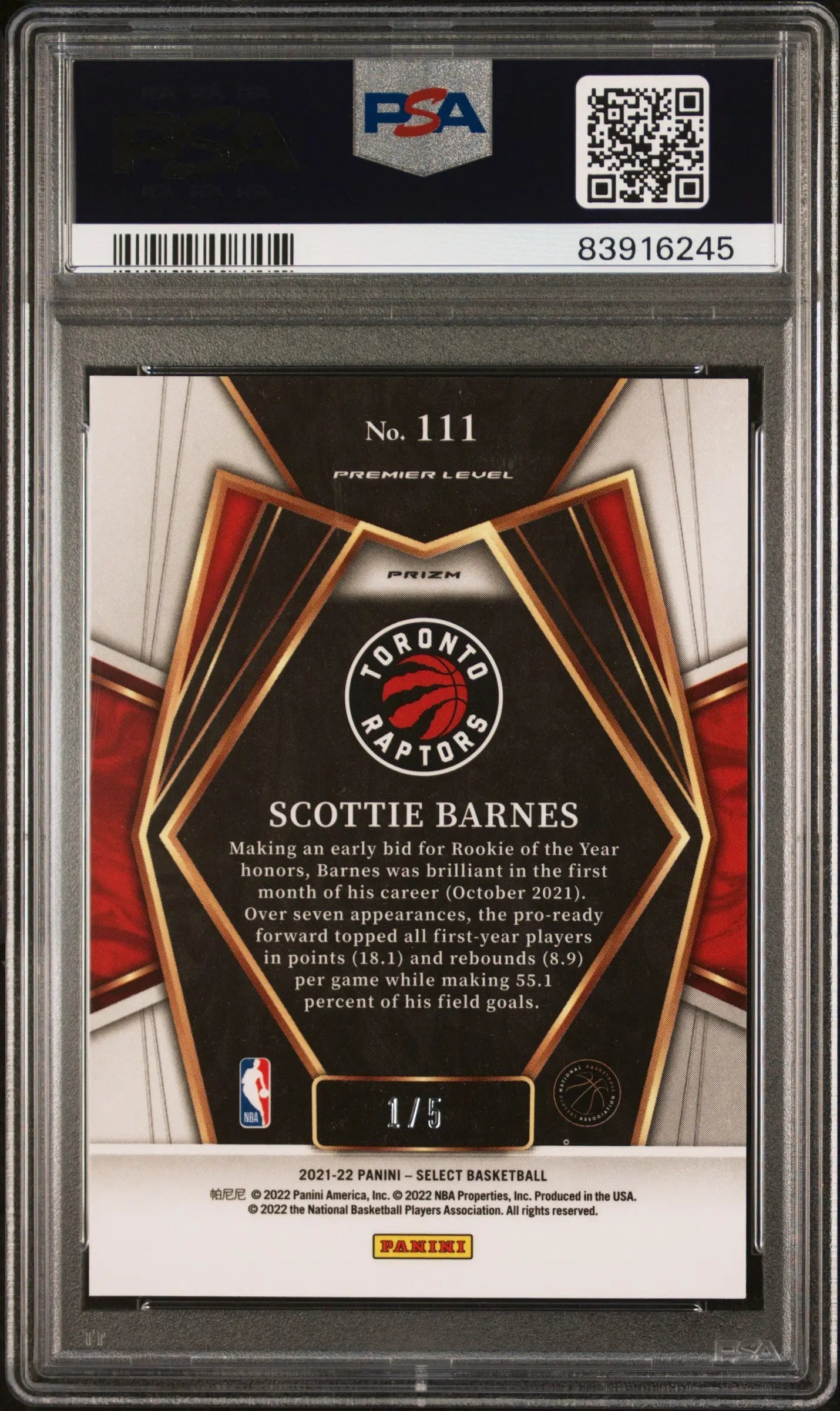 2021 Select Basketball Scottie Barnes RC Rookie Green Disco Prizm PSA 10 1/5 