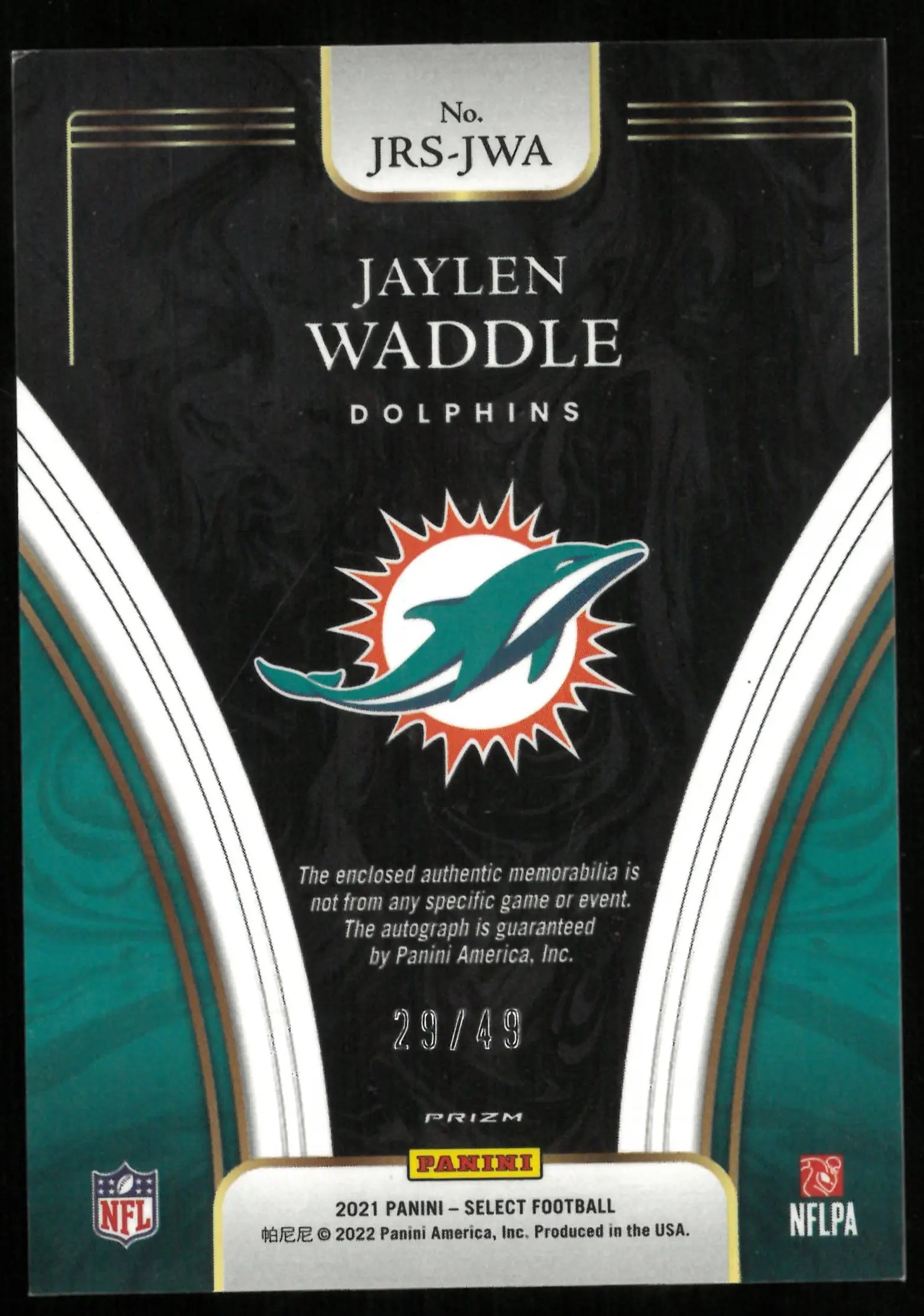 2021 Select Football Jaylen Waddle RC Rookie Patch Bronze Auto /49 