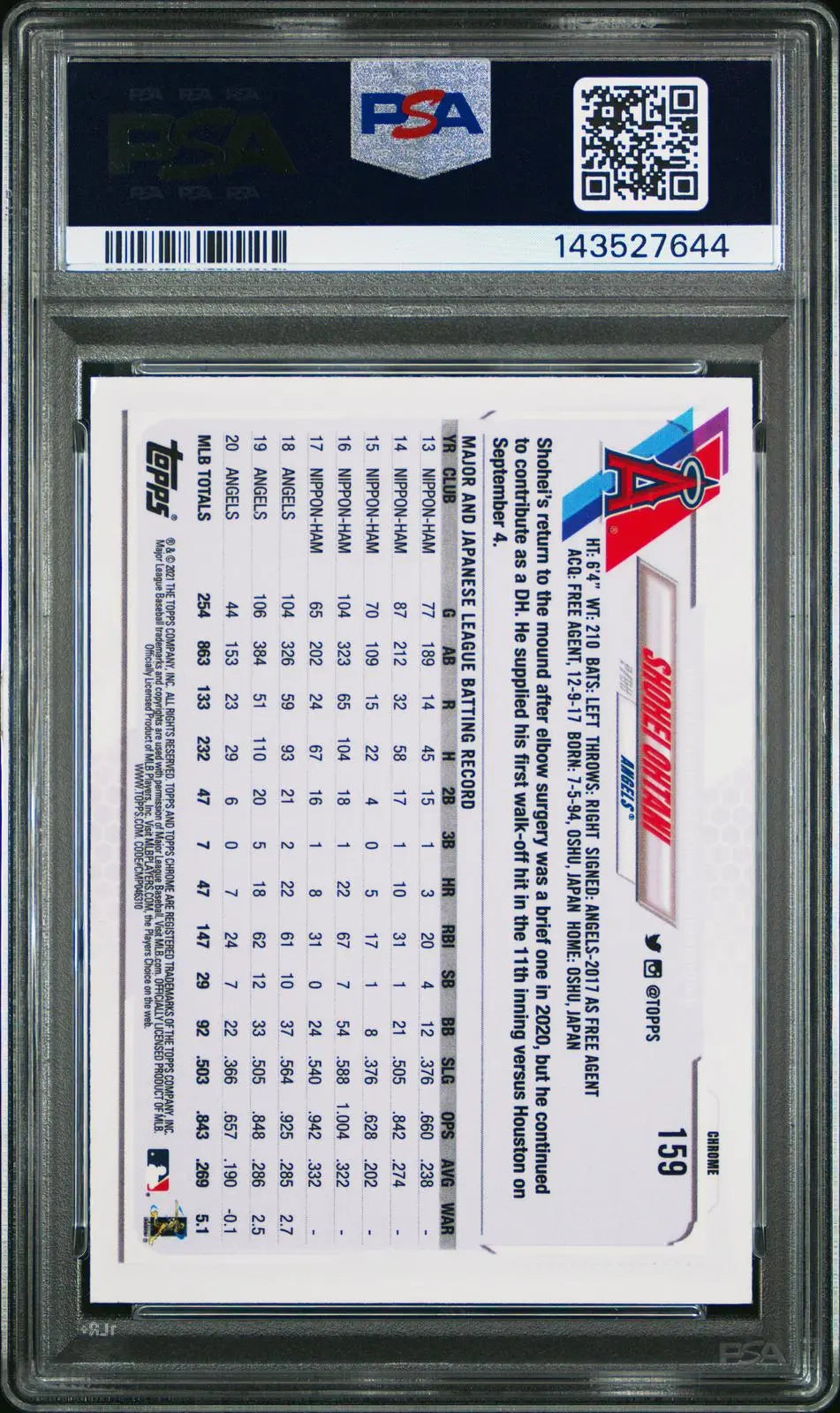 2021 Topps Chrome Baseball Shohei Ohtani X-Fractor PSA 10 