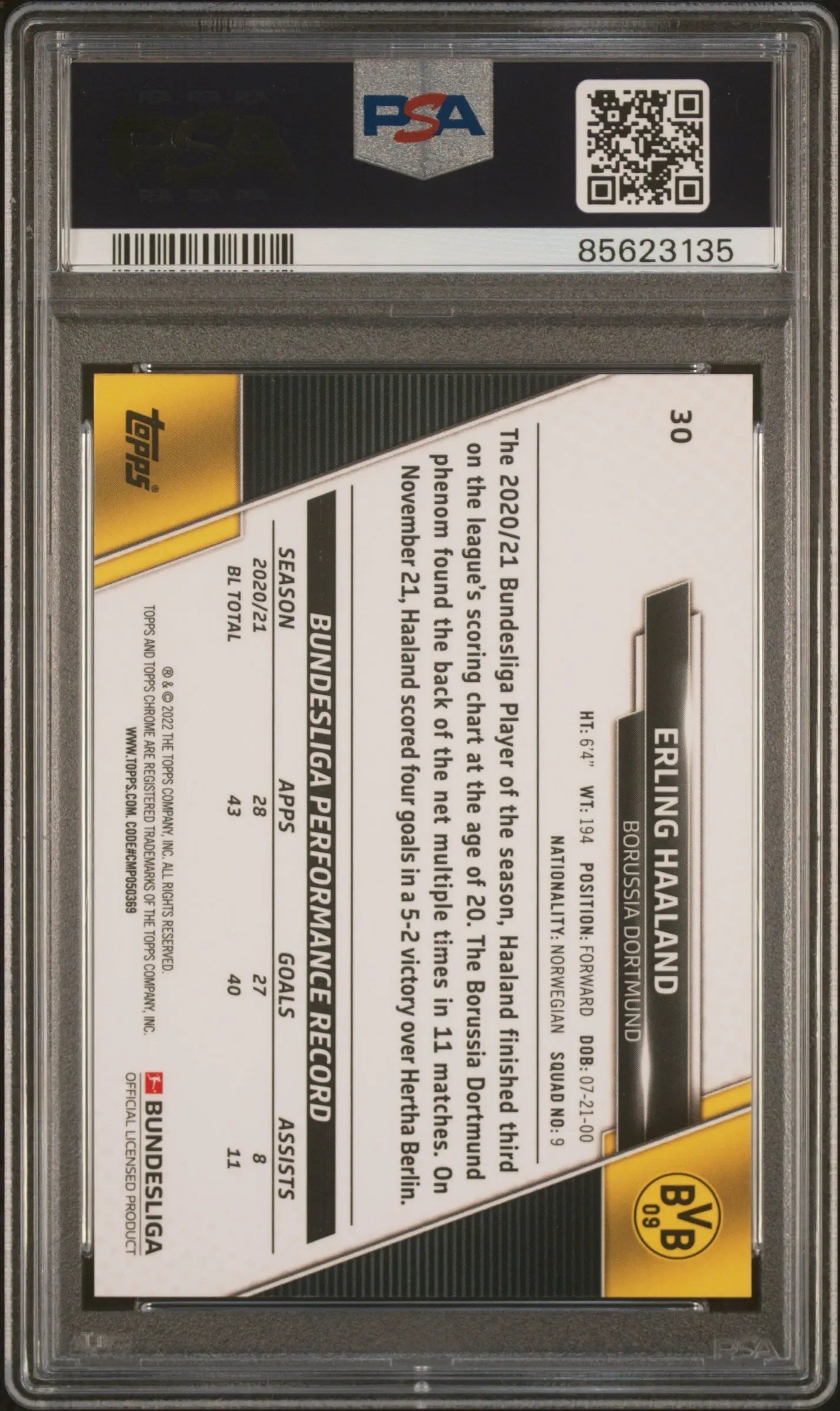 2021 Topps Chrome Bundesliga Erling Haaland  Gold Raywave Refractor PSA 10 