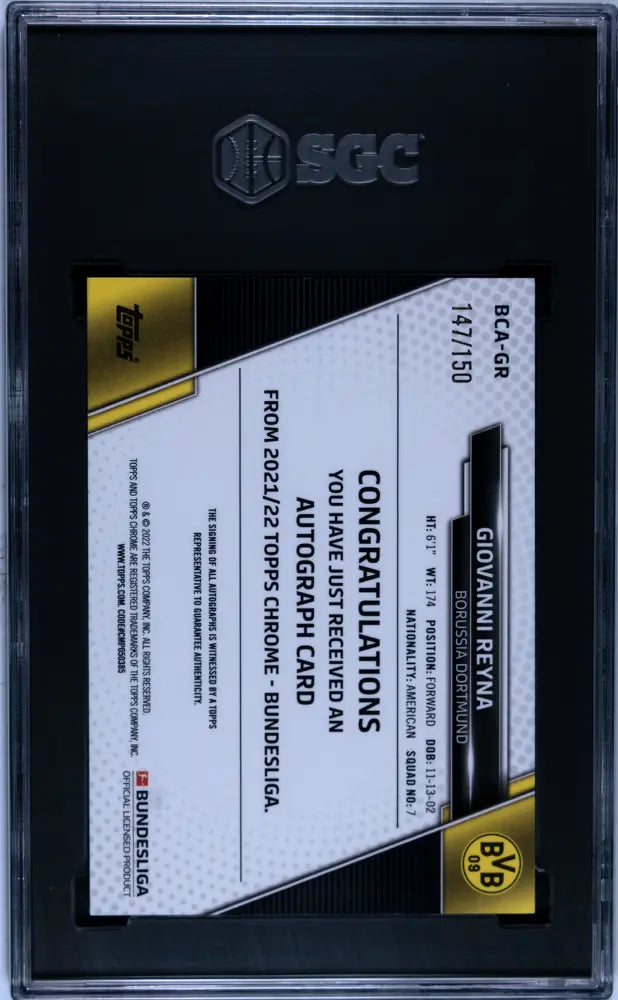 2021 Topps Chrome Bundesliga Giovanni Reyna Autograph Pink Ref SGC 10 Auto 10 