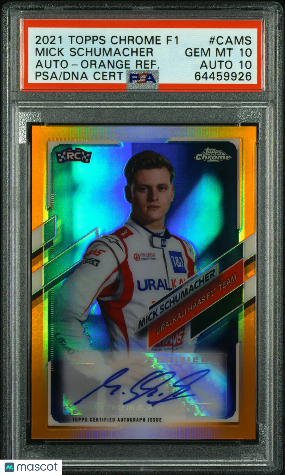 2021 Topps Chrome Formula 1 RC Auto Mick Schumacher Orange Refractor PSA 10 /25 